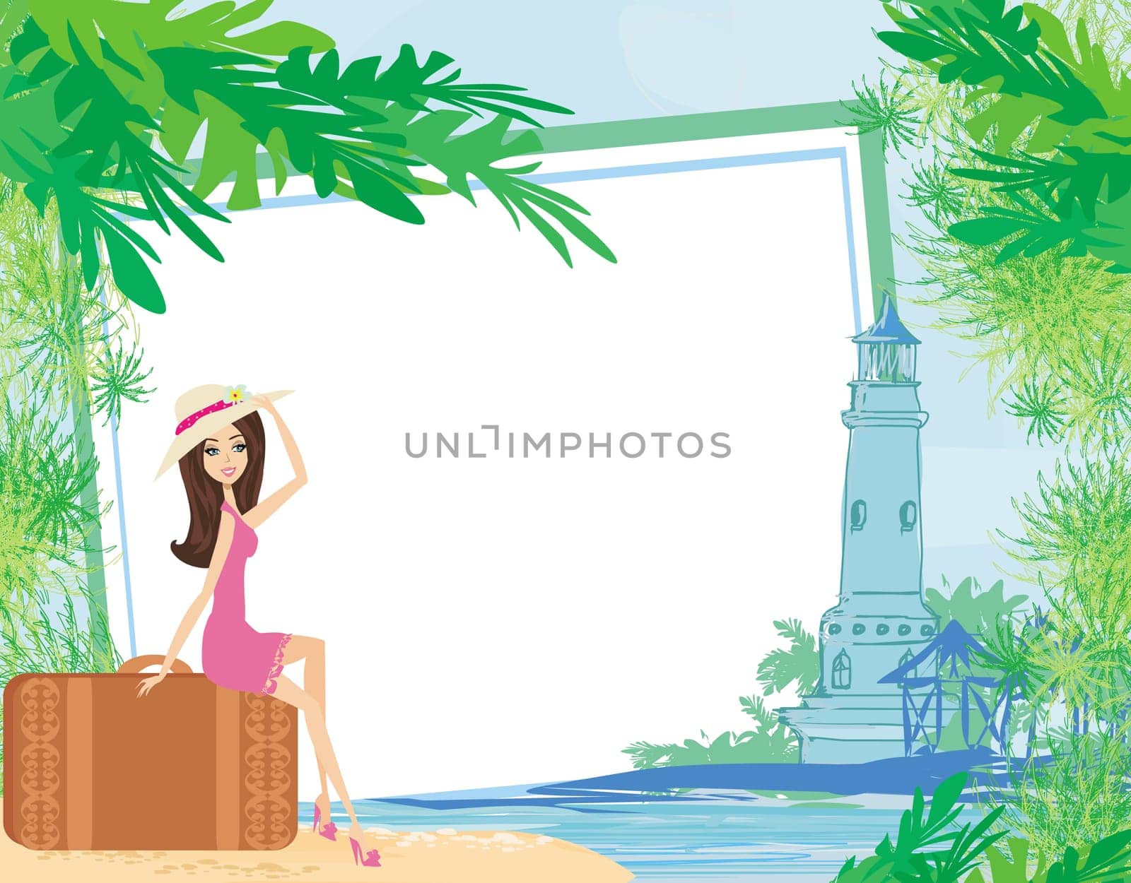 tourism on a tropical vacation - frame with a beautiful girl and a lighthouse