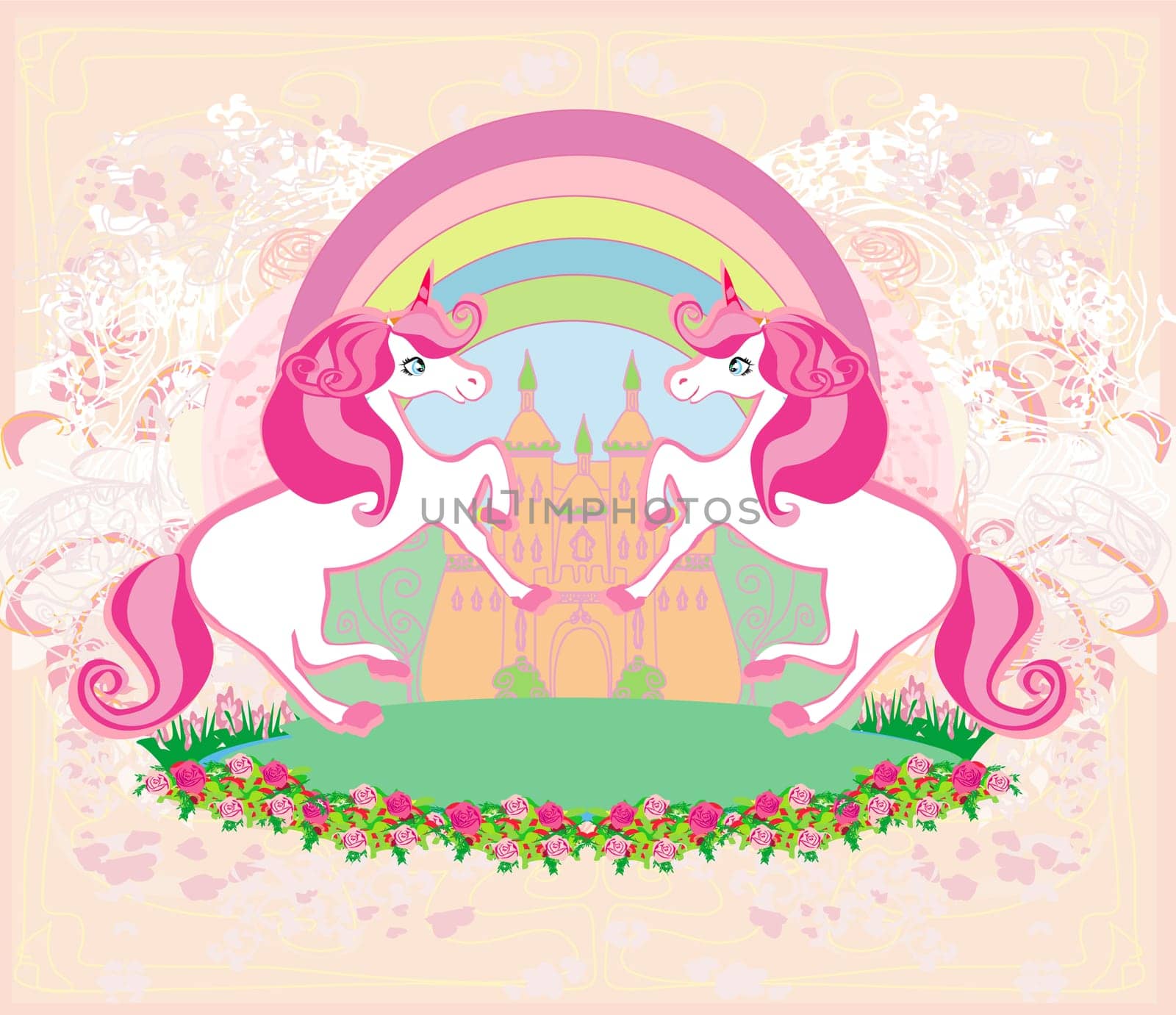 Beautiful fairytale castle and cute unicorns card