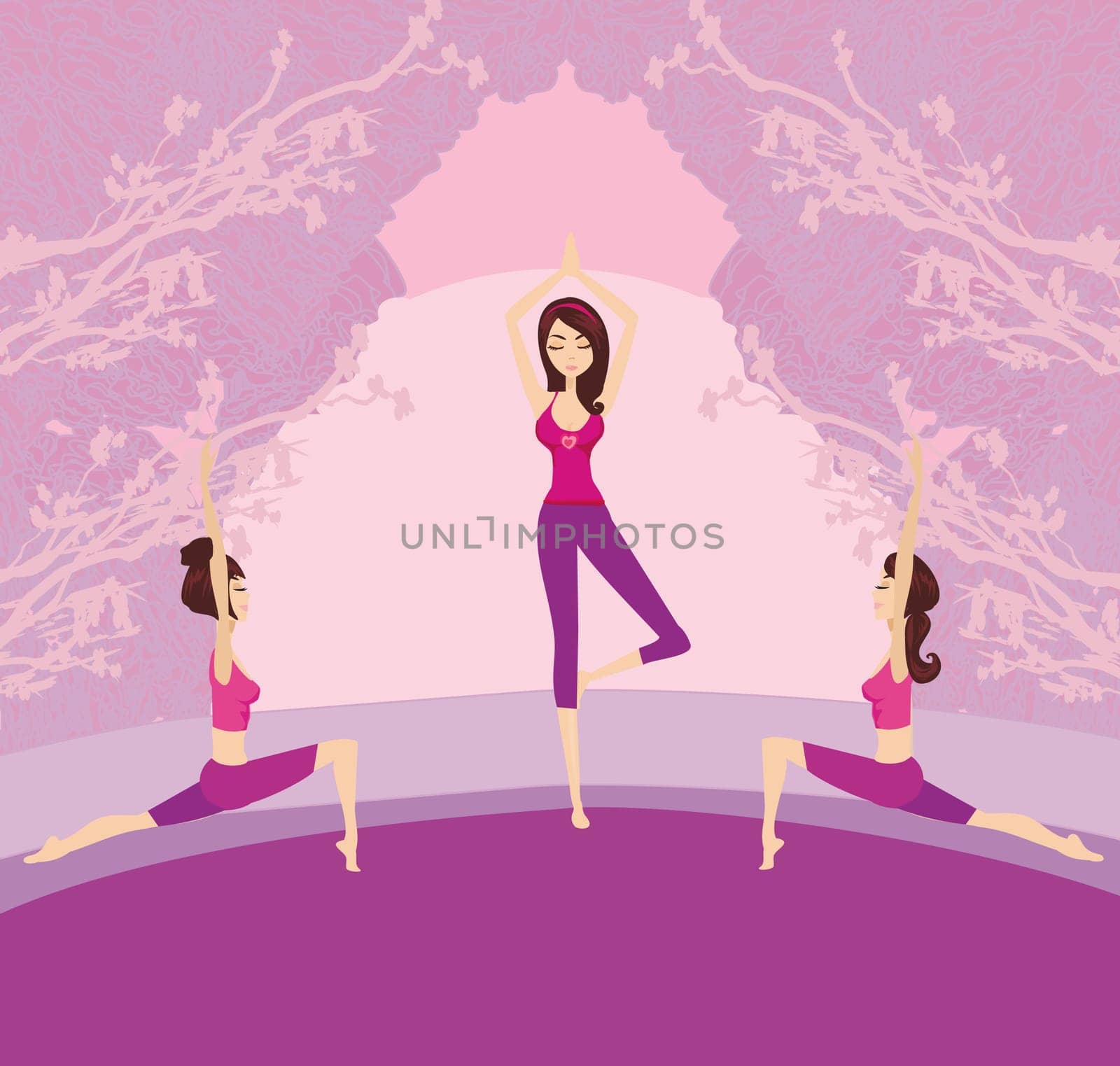 a group of women are practicing  yoga in the nature