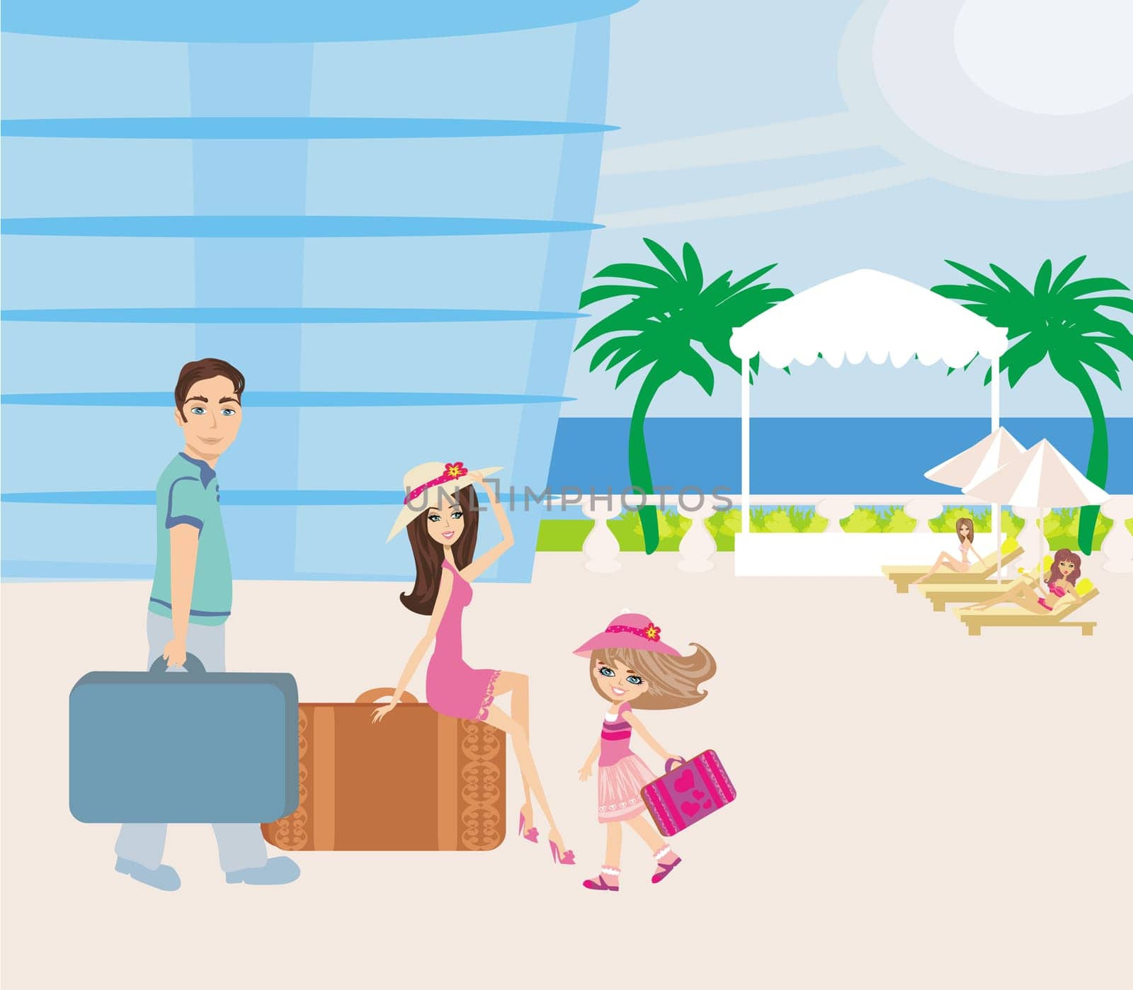 happy family on tropical vacation - card