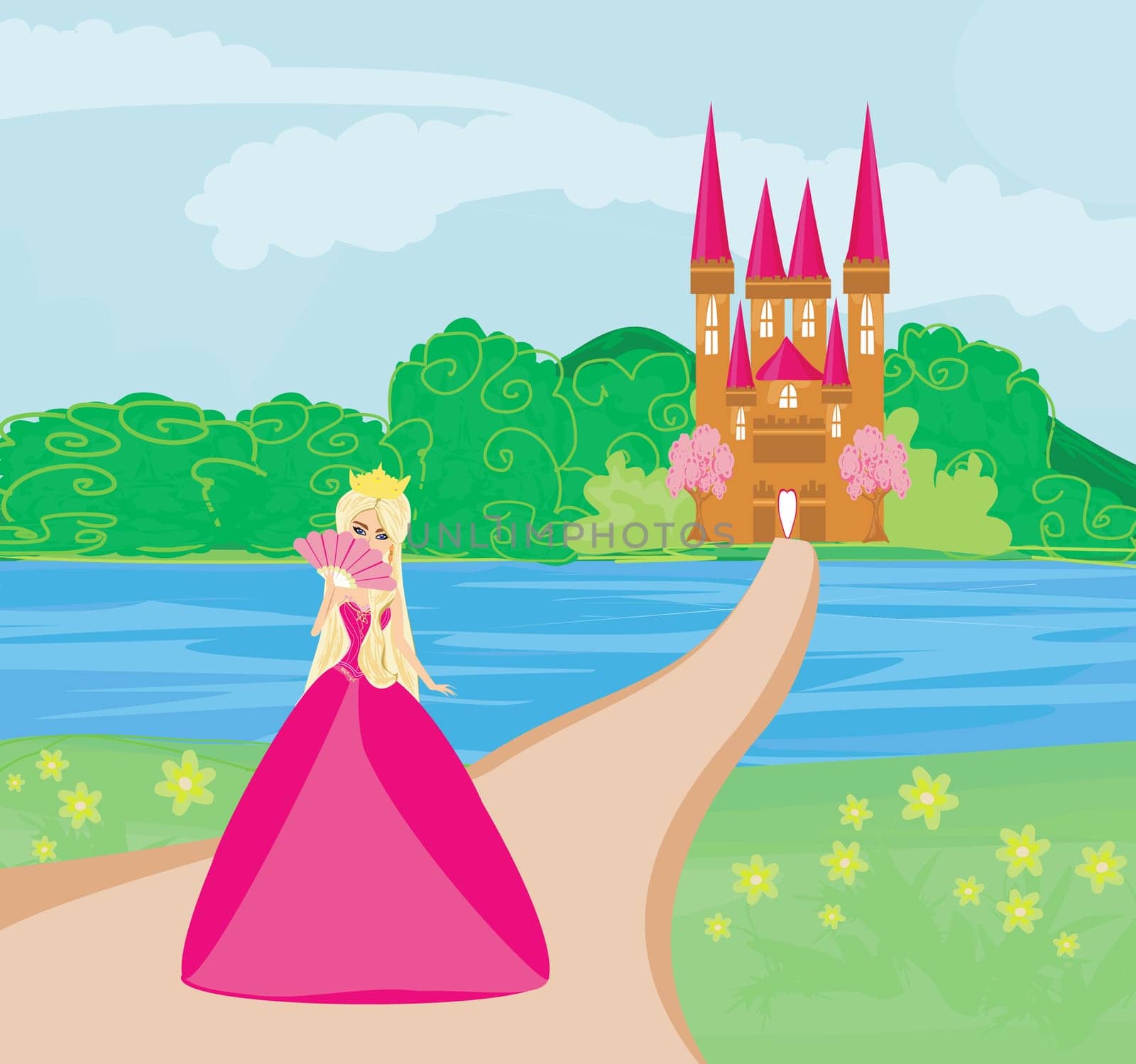 Beautiful queen in front of her castle