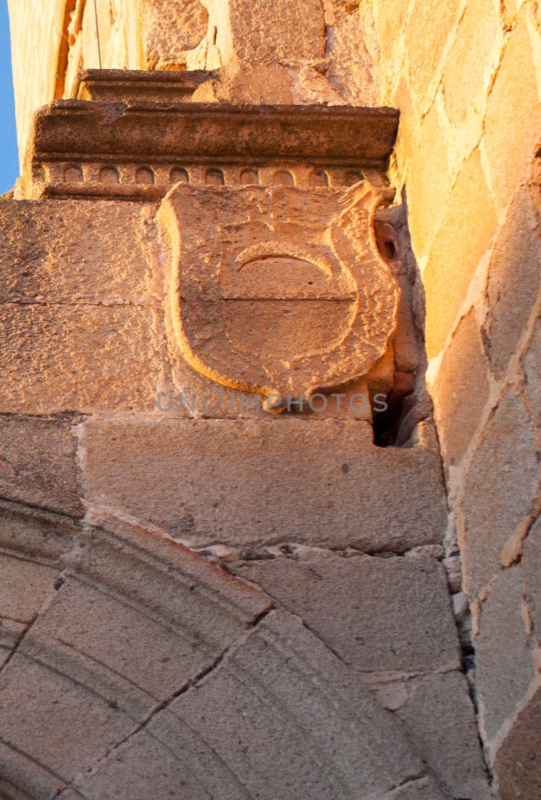 Galisteo, beautiful walled town from Alagon Valley. 15th Palace-fortress coat of arms. Extremadura, Spain