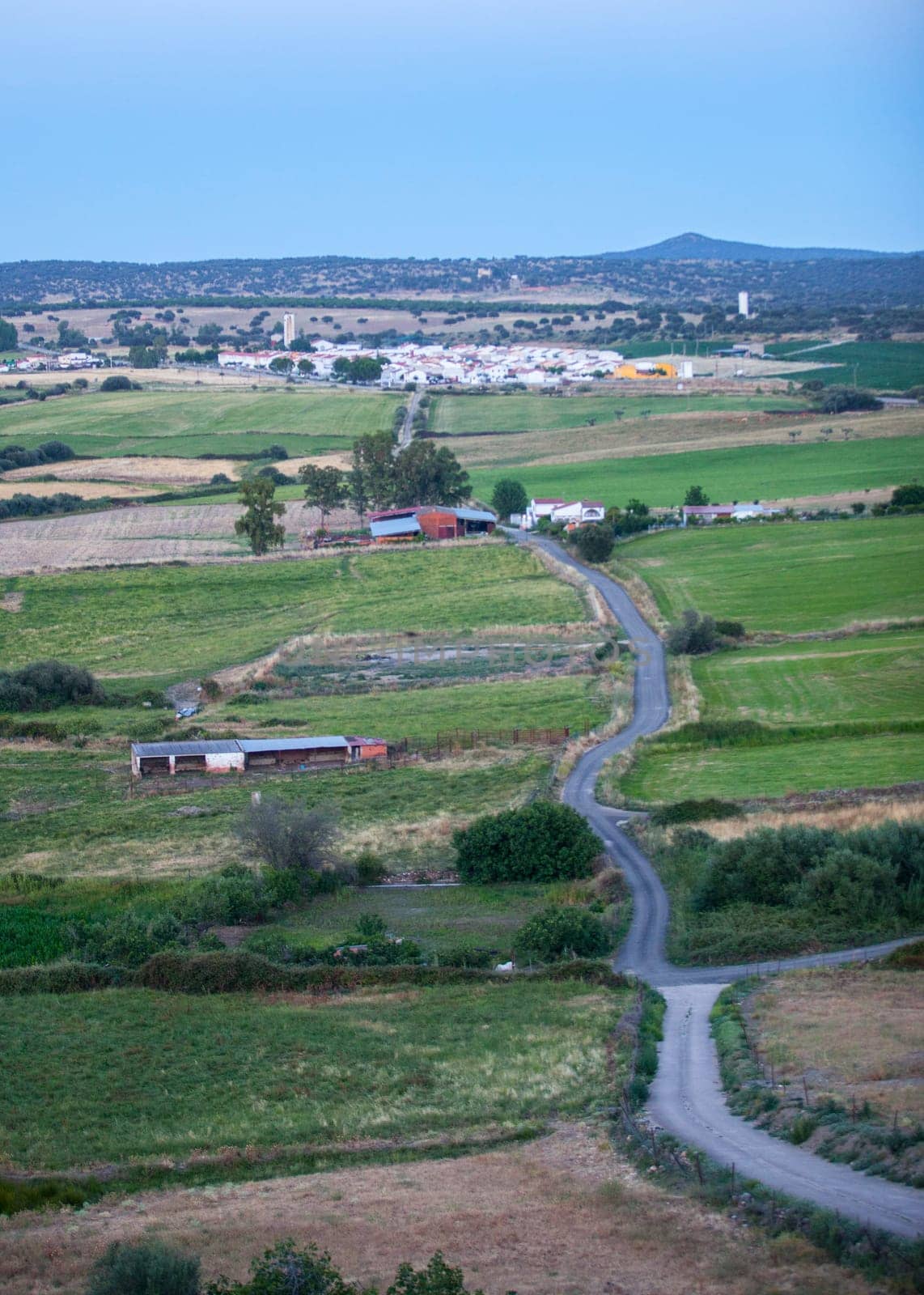 Galisteo, beautiful walled town from Alagon Valley. Overview of San Gil village from east wall. Extremadura, Spain