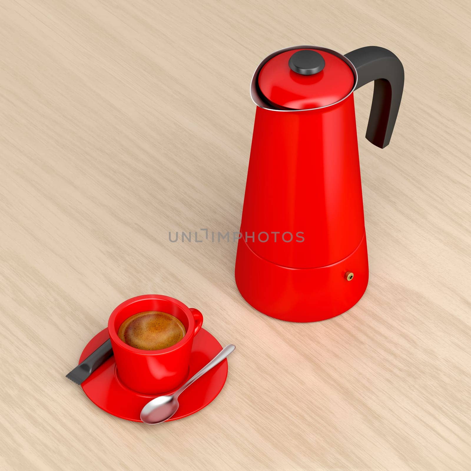 Moka pot and a cup of fresh prepared hot coffee