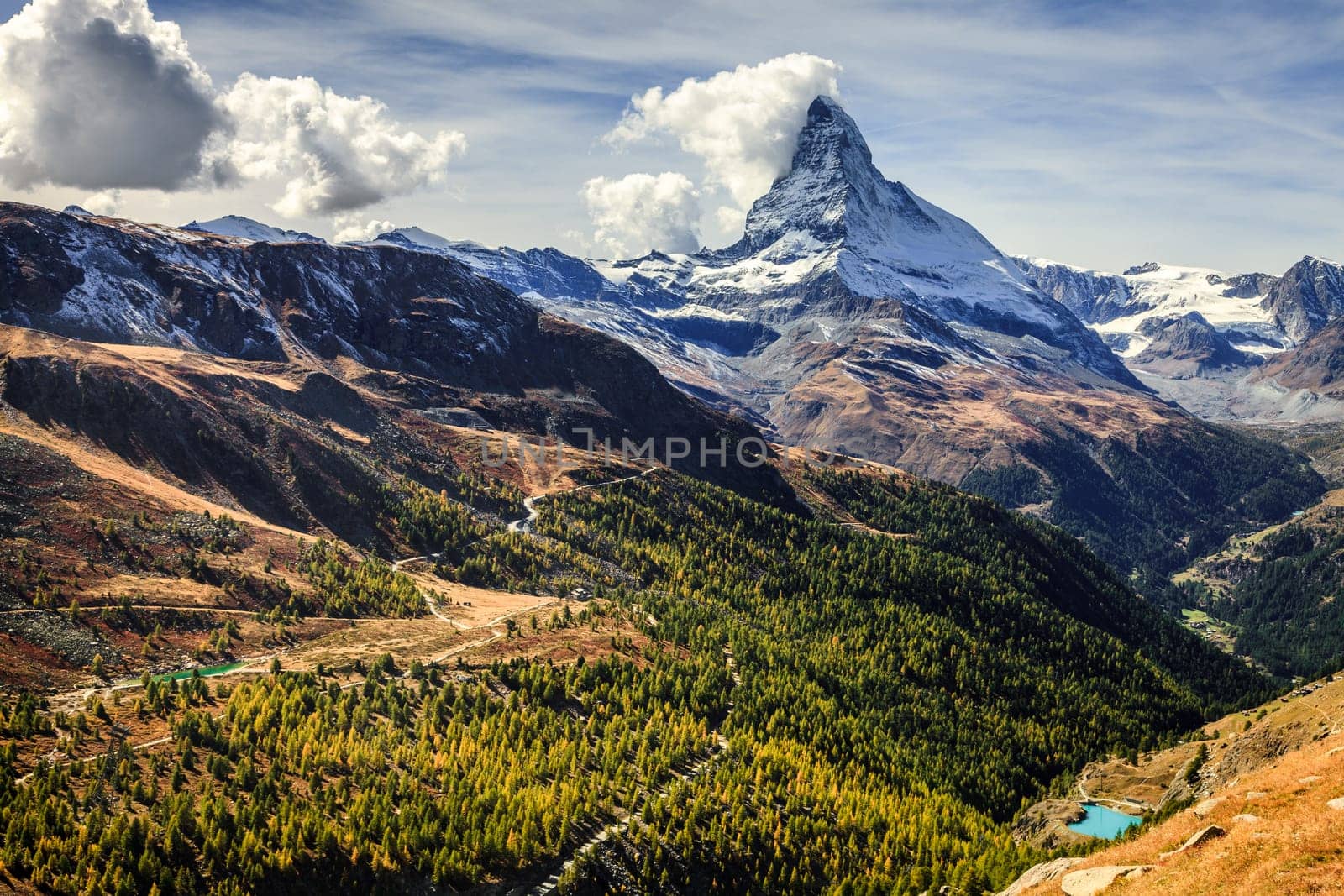 Scenic view of famous alpine peak Matterhorn near Swiss resort town of Zermatt
