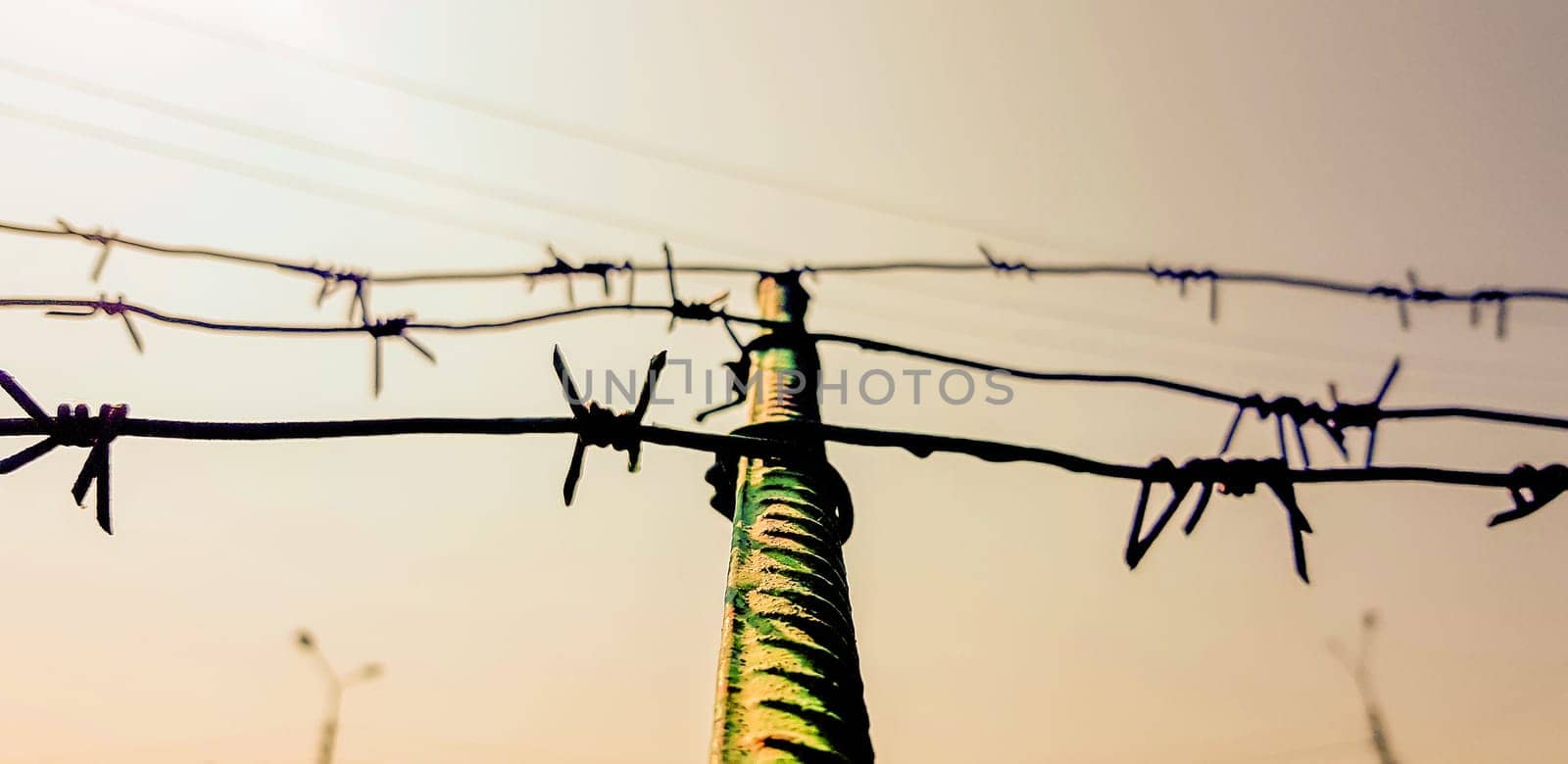Barbed wire. Barbed wire on fence with blue sky to feel worrying. The silhouette of the old barbed wire fence and the sky at twilight