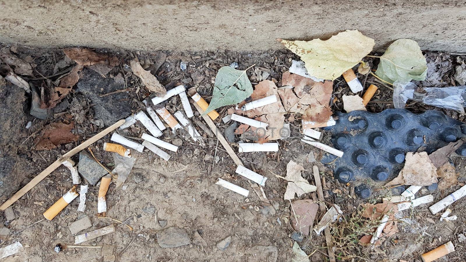A lot of cigarette butts. The cause of lung cancer. Many used cigarette butts as trash.