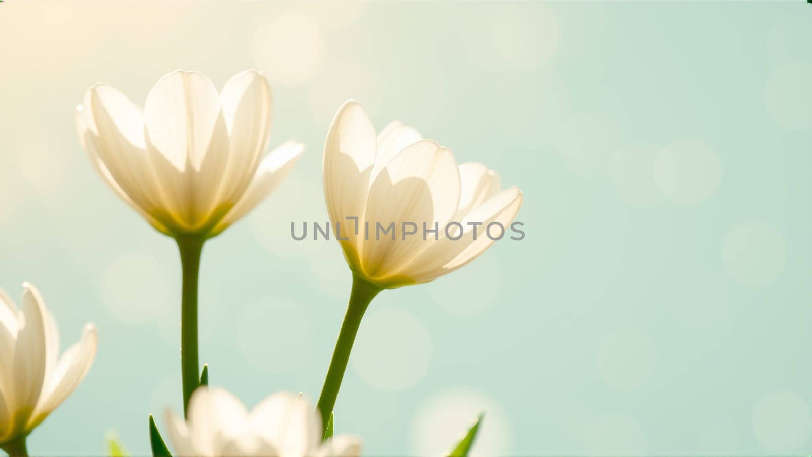 Delicate spring flowers in backlit sunlight, blurred background. High quality photo