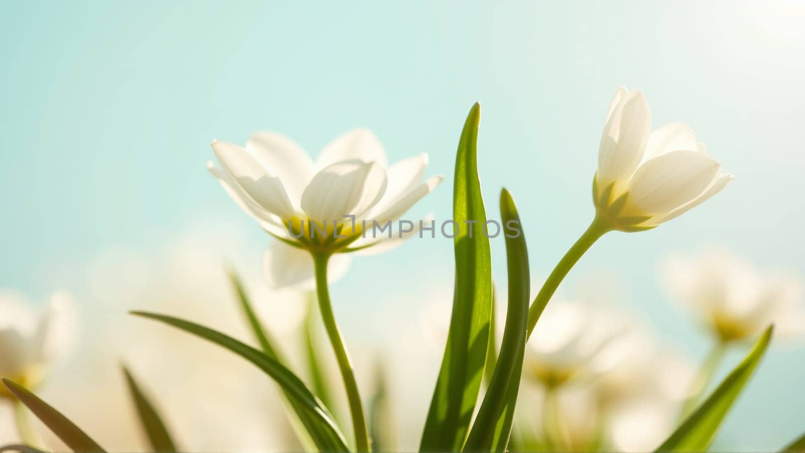 Delicate spring flowers in backlit sunlight, blurred background. High quality photo