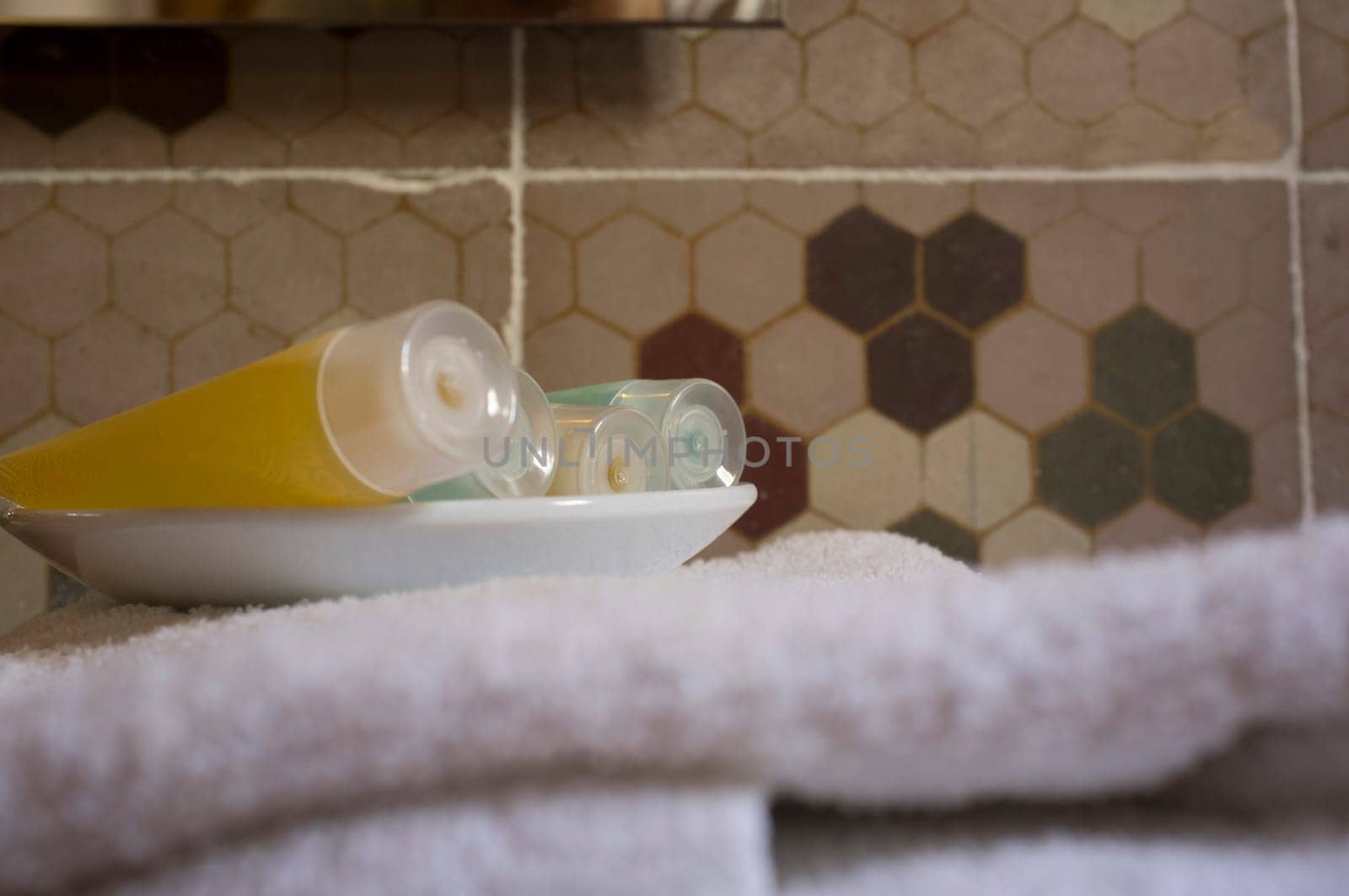 Disposable bottle tubes at rural hotel bathroom. Rural tourism concept