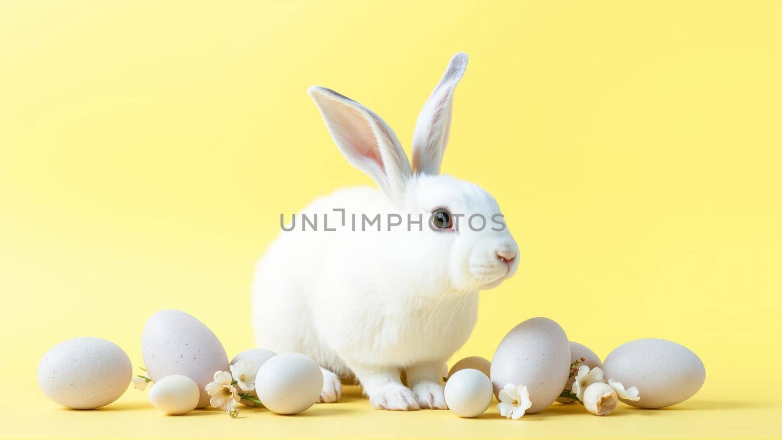 White fluffy rabbit sits on yellow isolated background among traditional eggs symbolizing the holiday. High quality photo