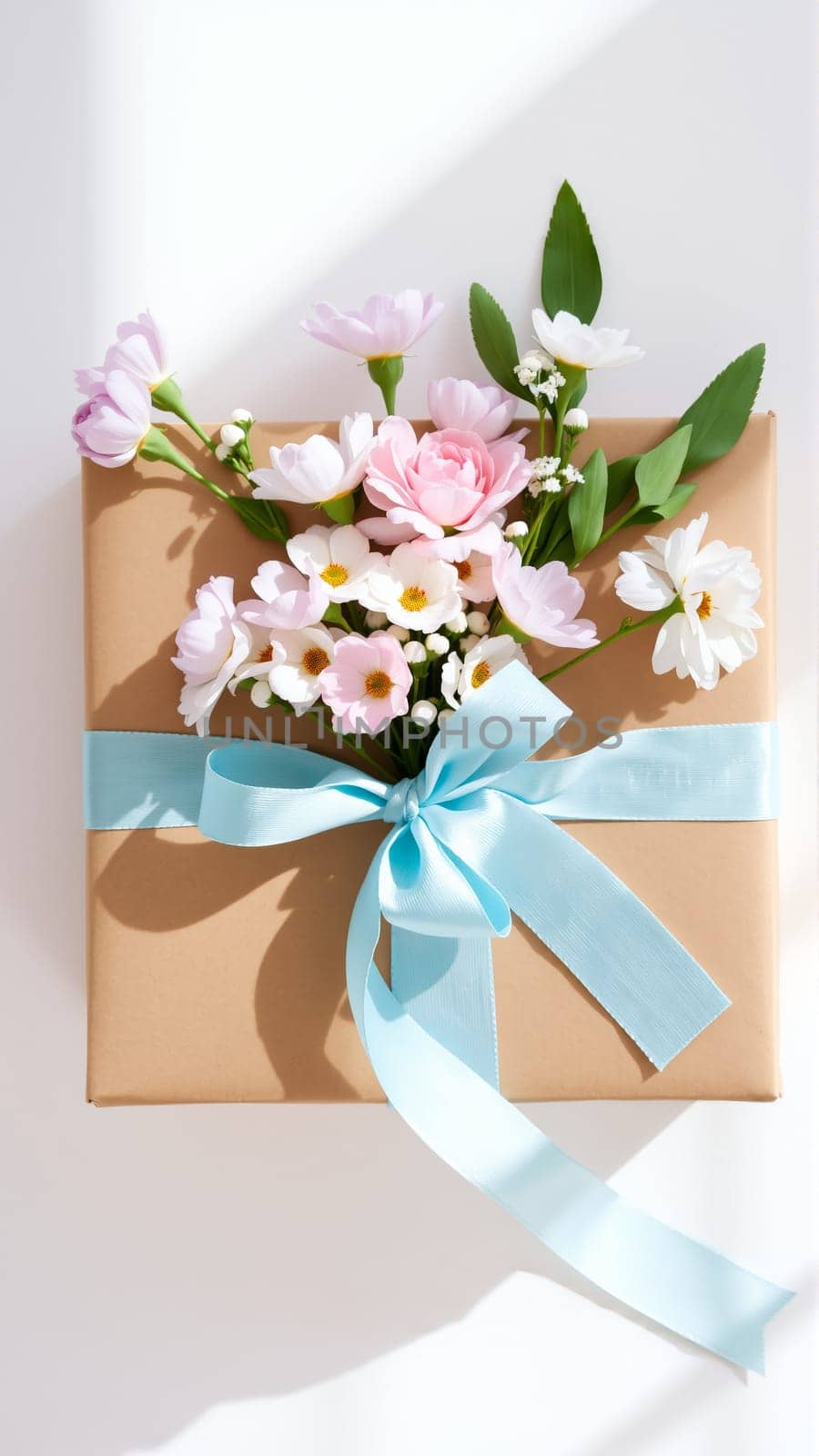 The gift comes in minimalist packaging, decorated with a neutral, calm blue ribbon and flowers symbolizing the arrival of spring. High quality photo