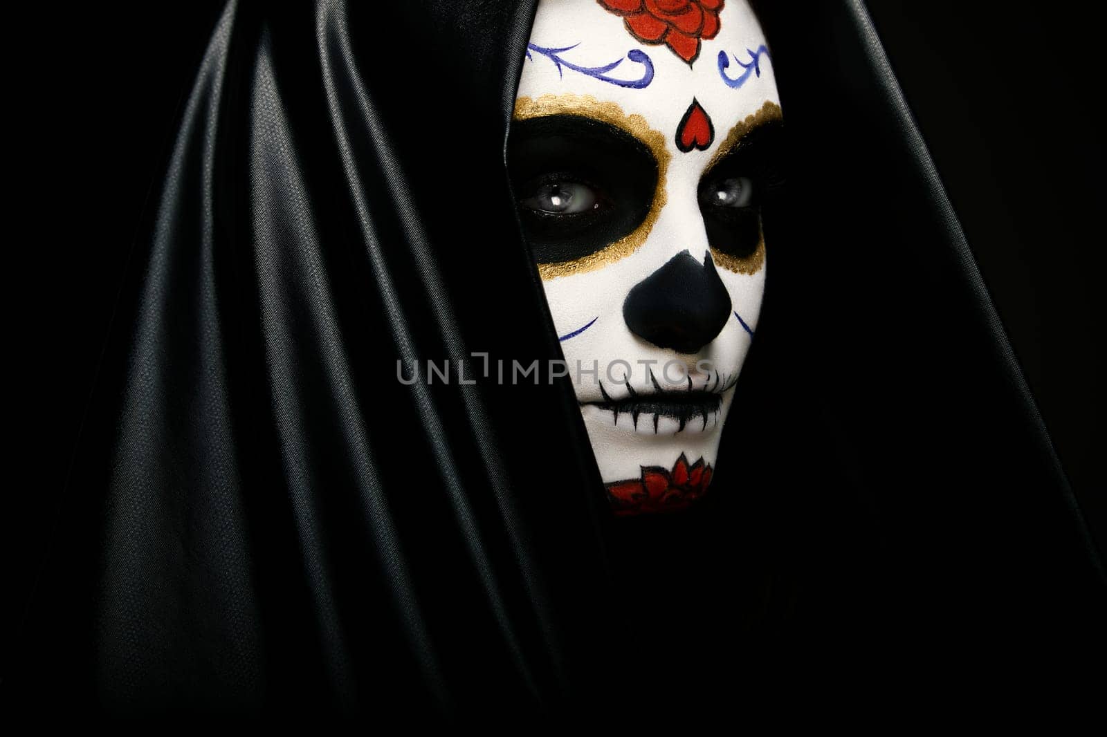 Portrait of a girl with sugar skull makeup. Calavera Catrina. Dia de los muertos. Day of The Dead. Halloween.
