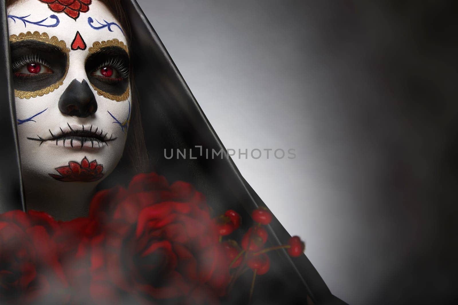 Portrait of a girl with sugar skull makeup. Calavera Catrina. Dia de los muertos. Day of The Dead. Halloween.