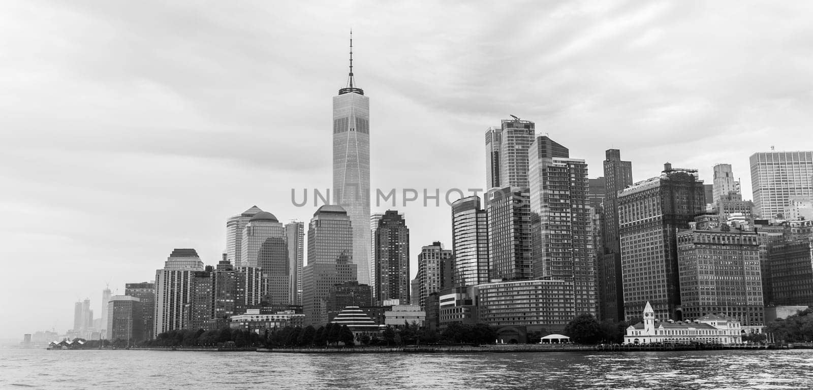 Panoramic view of Lower Manhattan, New York City, USA. Black and white.