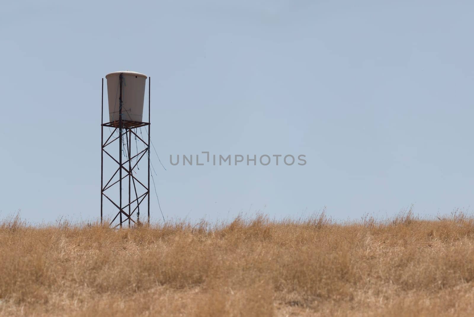 Water tank in the middle of dry pastures. Lack of water resources for cattle concept