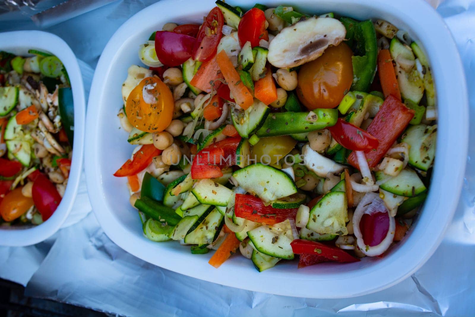 Grilled vegetables in a cast iron grilling pan, view from above