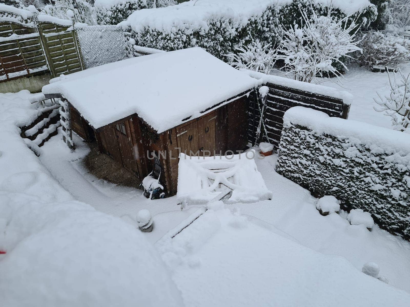 House and garden trees covered in snow on a cold, sunny winters day with clear, blue, azure skies