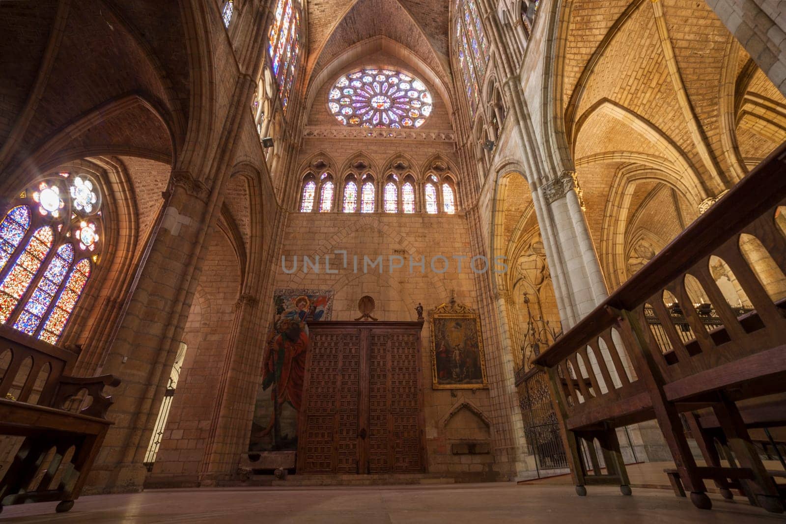 Leon, Spain - June 25th, 2019: Leon Cathedral side nave, also called The House of Light, Spain