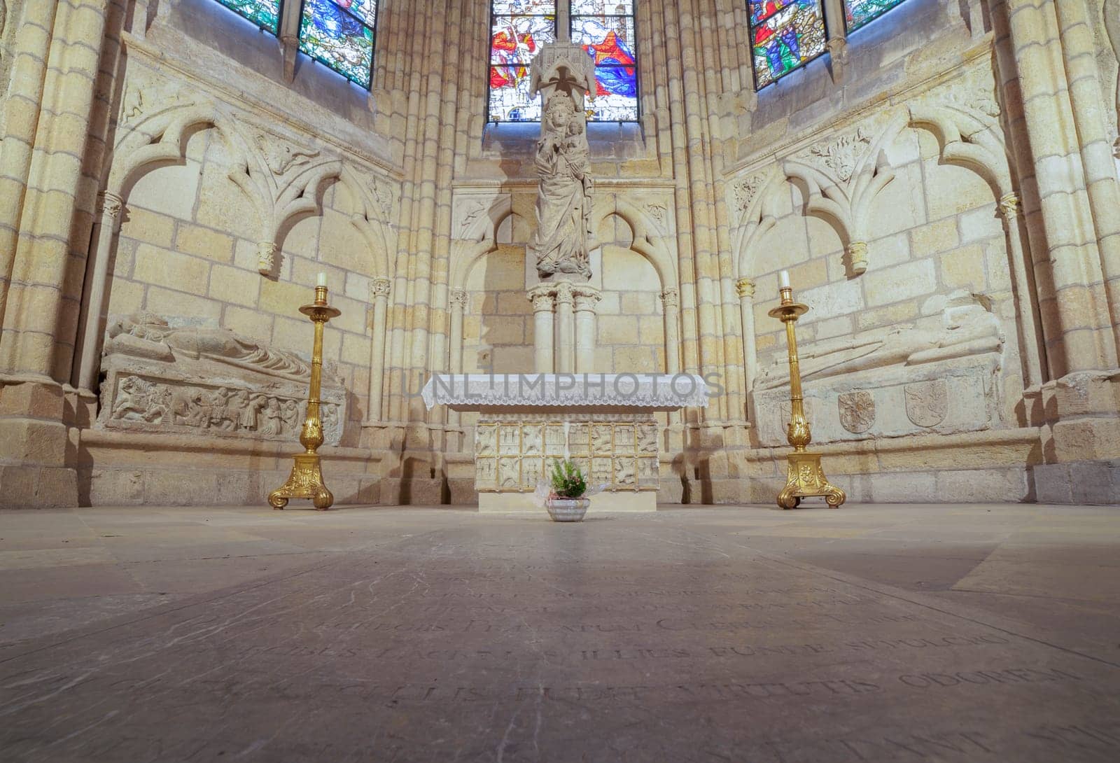 Leon, Spain - June 25th, 2019: Leon Cathedral indoor. White Virgin Mary chapel. Spain