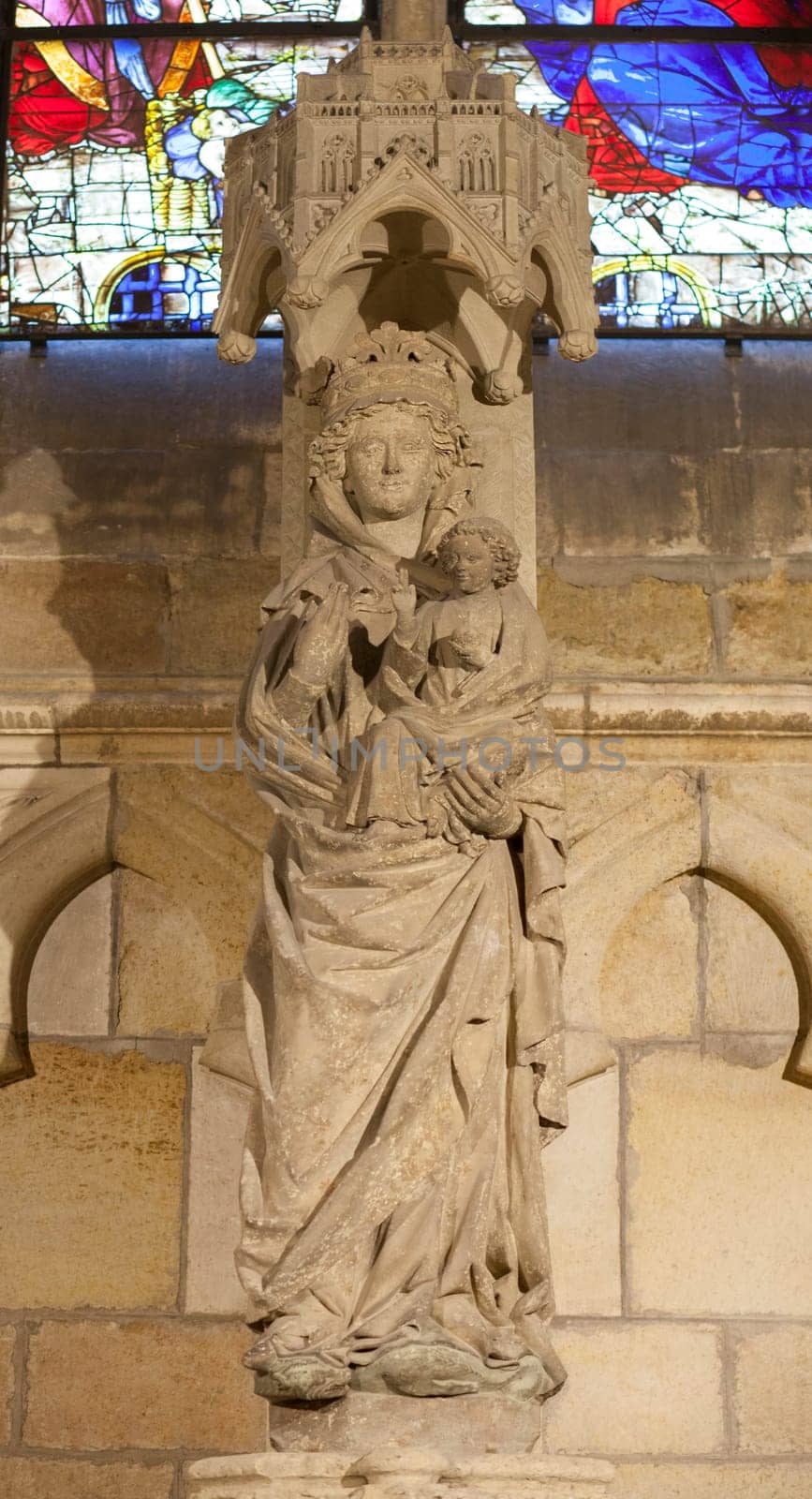 Leon, Spain - June 25th, 2019: Leon Cathedral indoor. White Virgin Mary sculpture. Spain