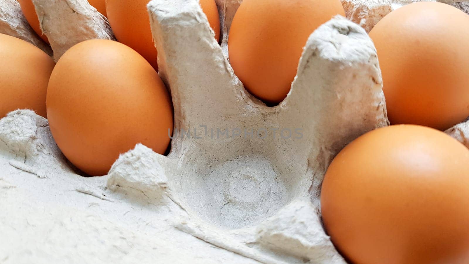 Close up view of raw chicken eggs in an egg box.