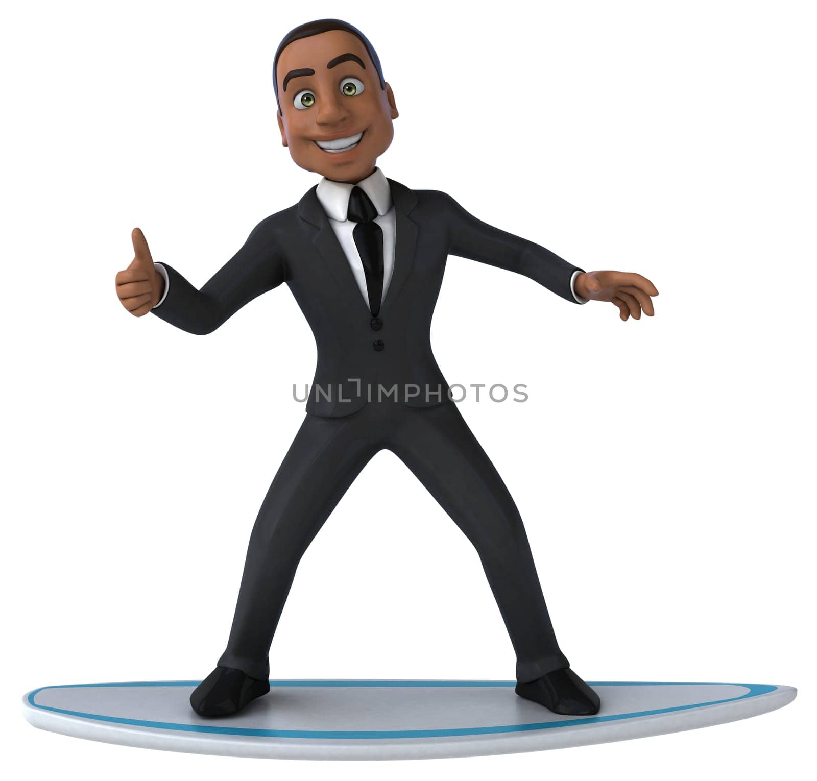 Fun 3D cartoon business man surfing