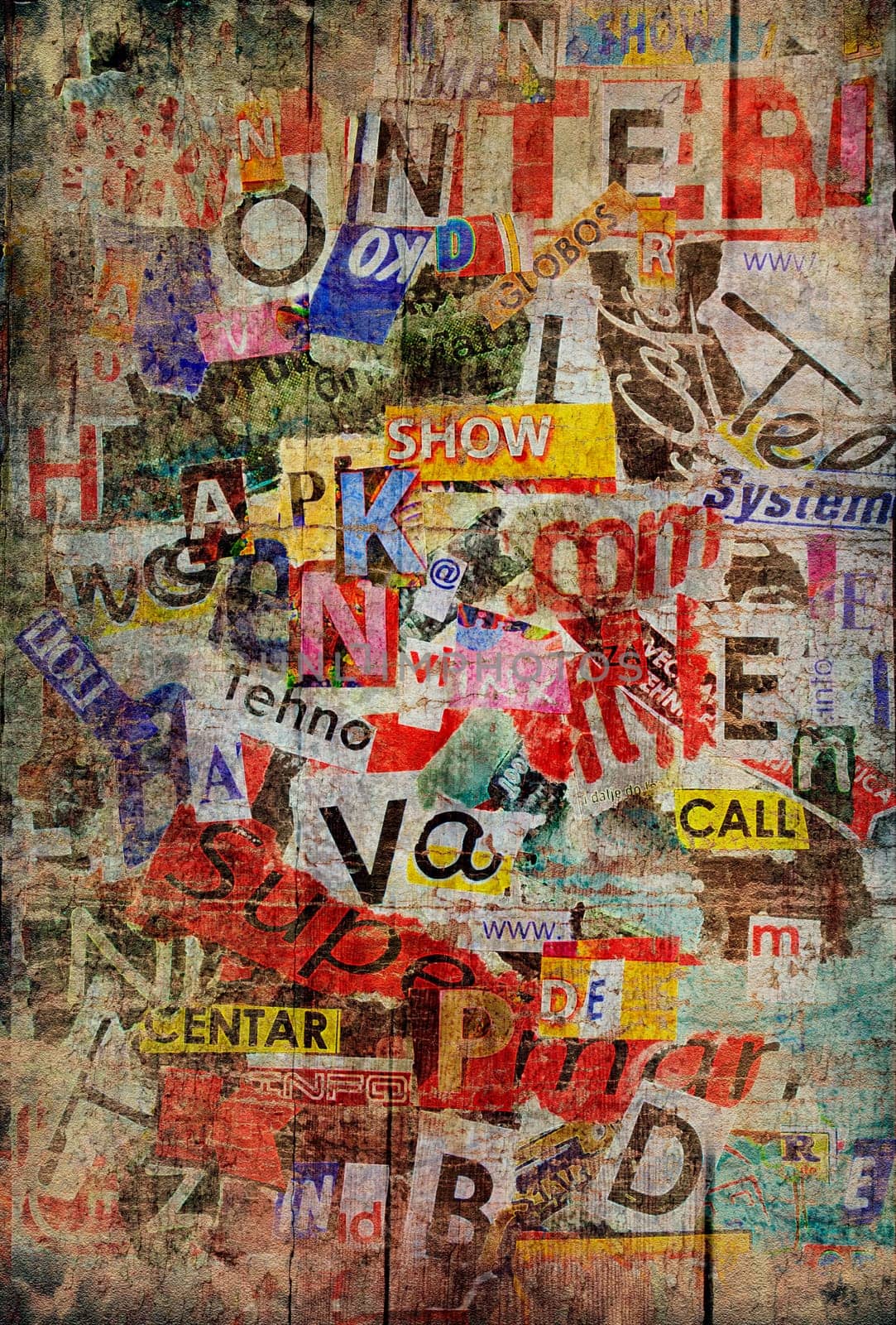 Grunge textured background with old torn newspapers