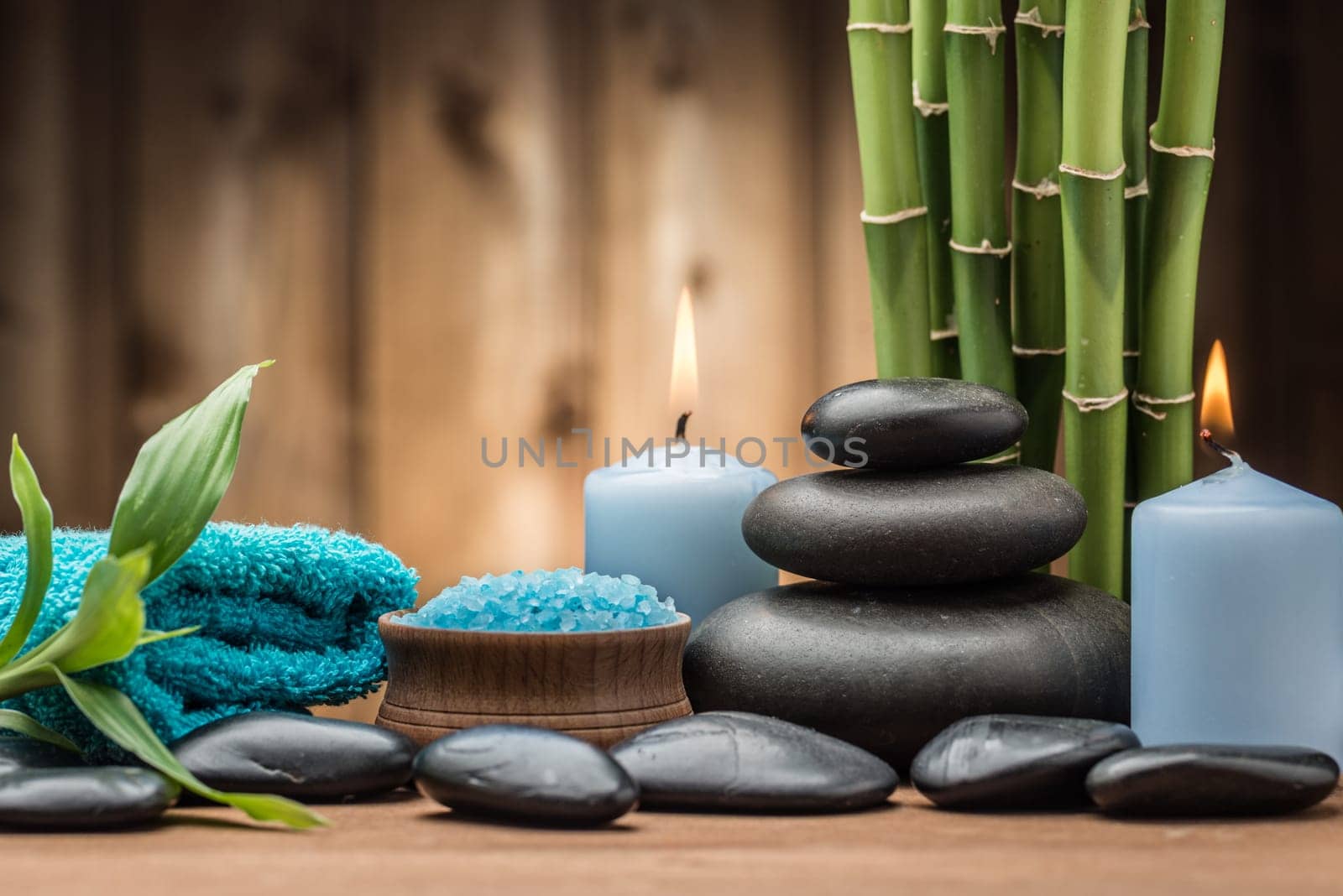 spa concept with zen basalt stones and salt