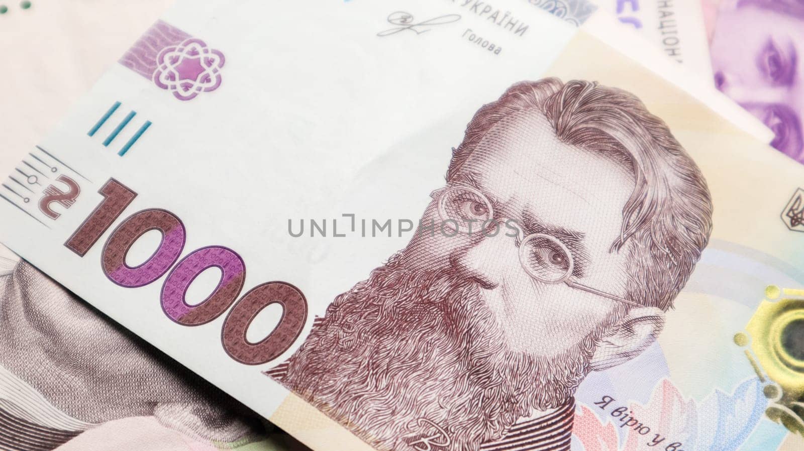 One paper note in 1000 hryvnias. Portrait of Vladimir Ivanovich Vernadsky for 1000 hryvnias on a Ukrainian banknote. Ukrainian money.