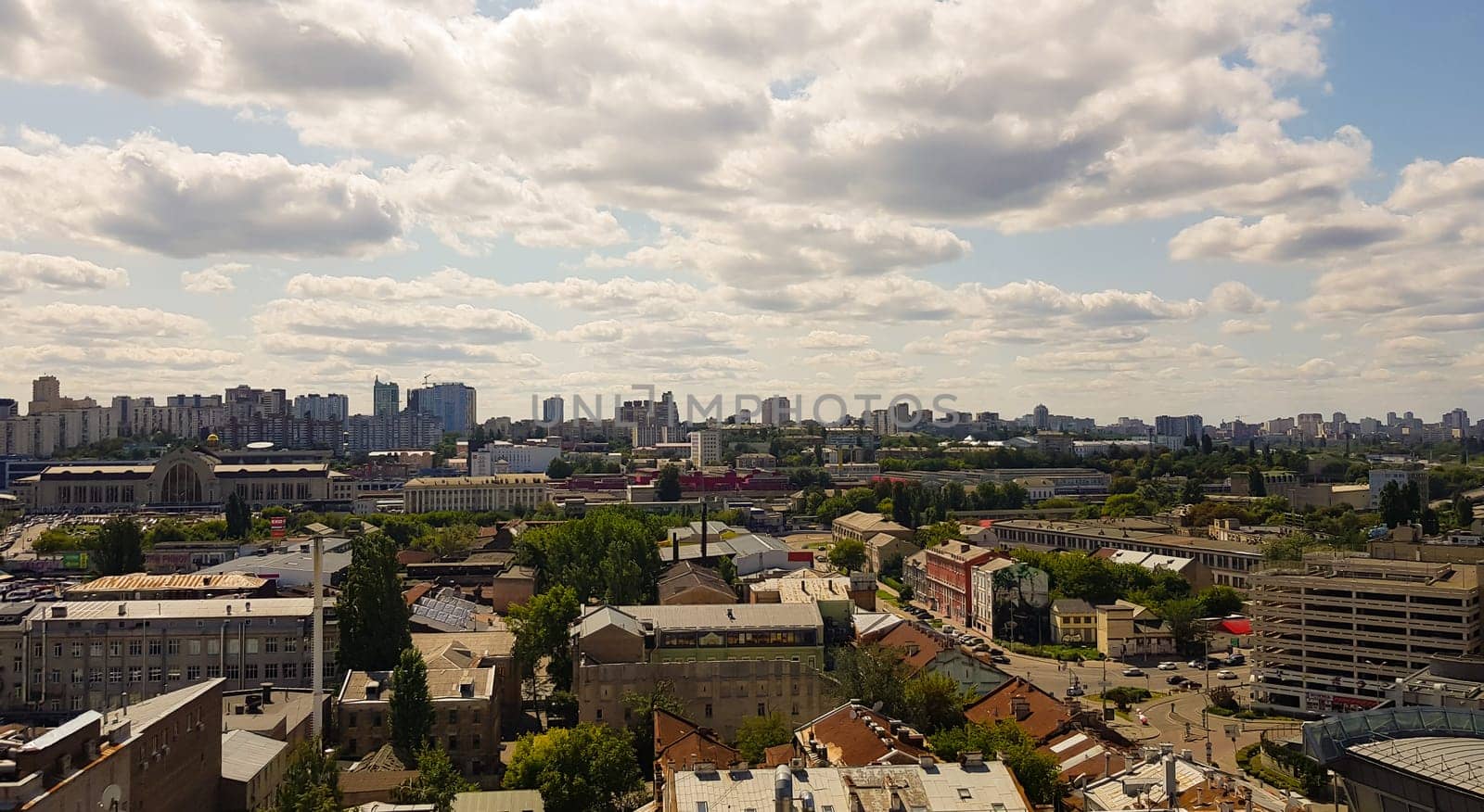 Aerial view of Kiev region with a modern city building mixed with historical, beautiful light at golden hour. City skyline of Kiev city from a bird's flight. Background image