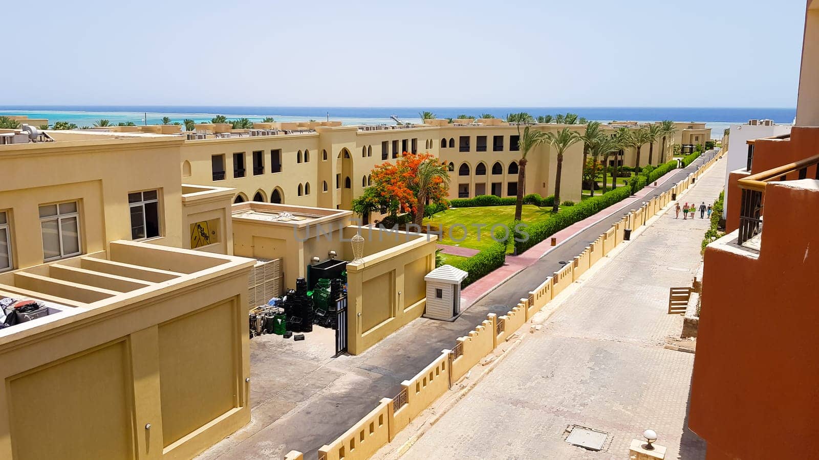 Sharm el Sheikh, Egypt - July 13, 2019: the city of Sharm el Sheikh. View from the balcony of the resort and the old town. Top view of the hotel and mountains