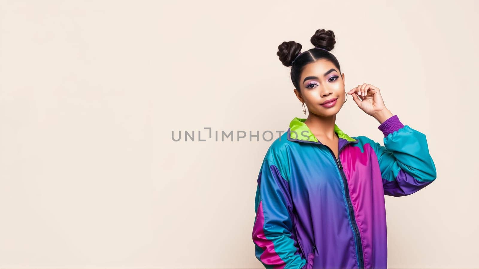 Young girl with bright face makeup on pink background. Girl dressed in a vintage sports windbreaker. High quality photo