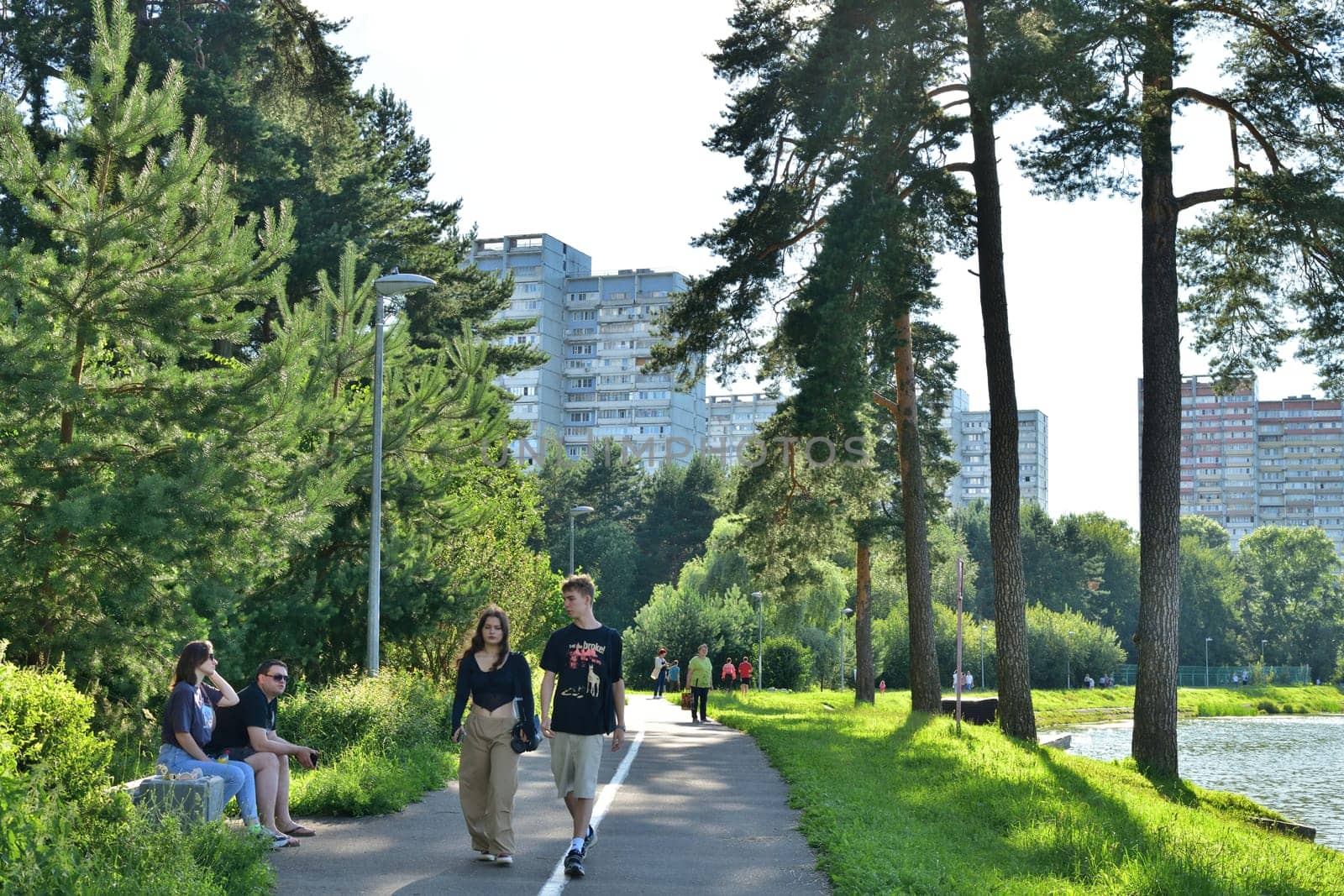 Moscow, Russia - July 30. 2023. School lake in Zelenograd - place of rest