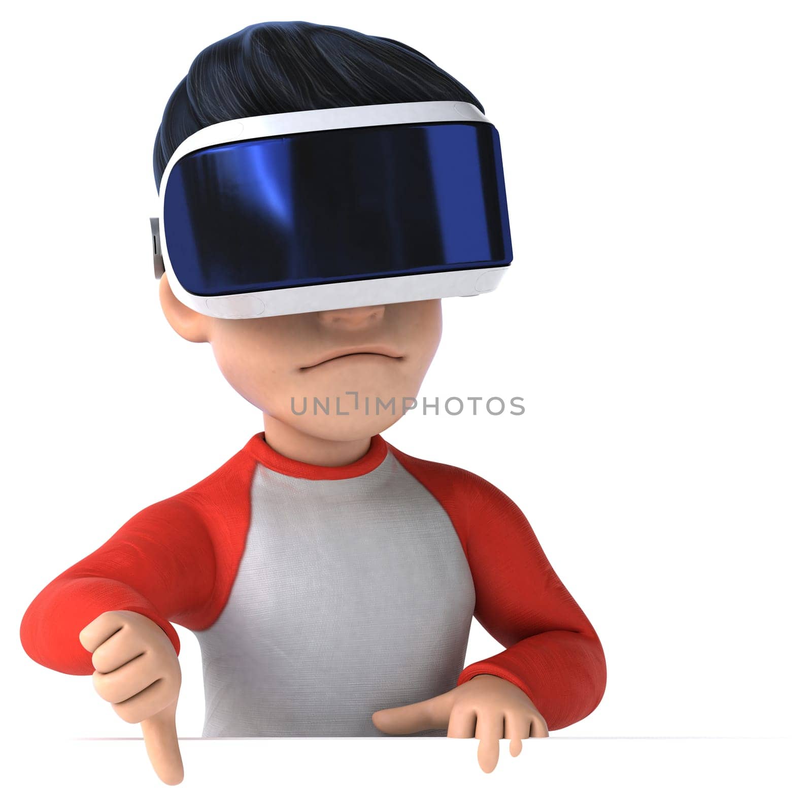 Fun 3D illustration of a cartoon kid with a VR helmet