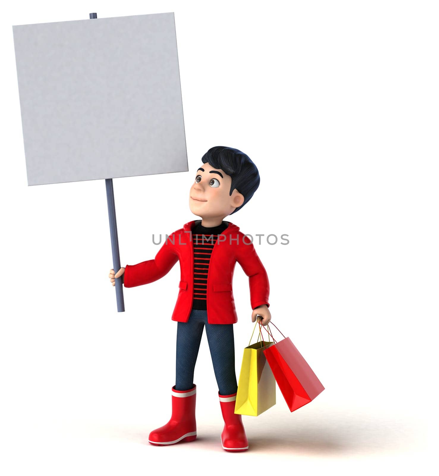 Fun 3D cartoon teenage boy shopping