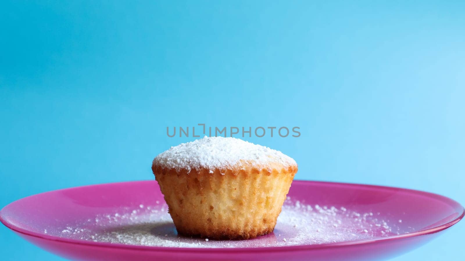 One curd sprinkled with powdered sugar on a pink plate, on a blue background, side view. Dessert, a small cupcake. Food concept. white baked cookies with an airy texture. Copy space.
