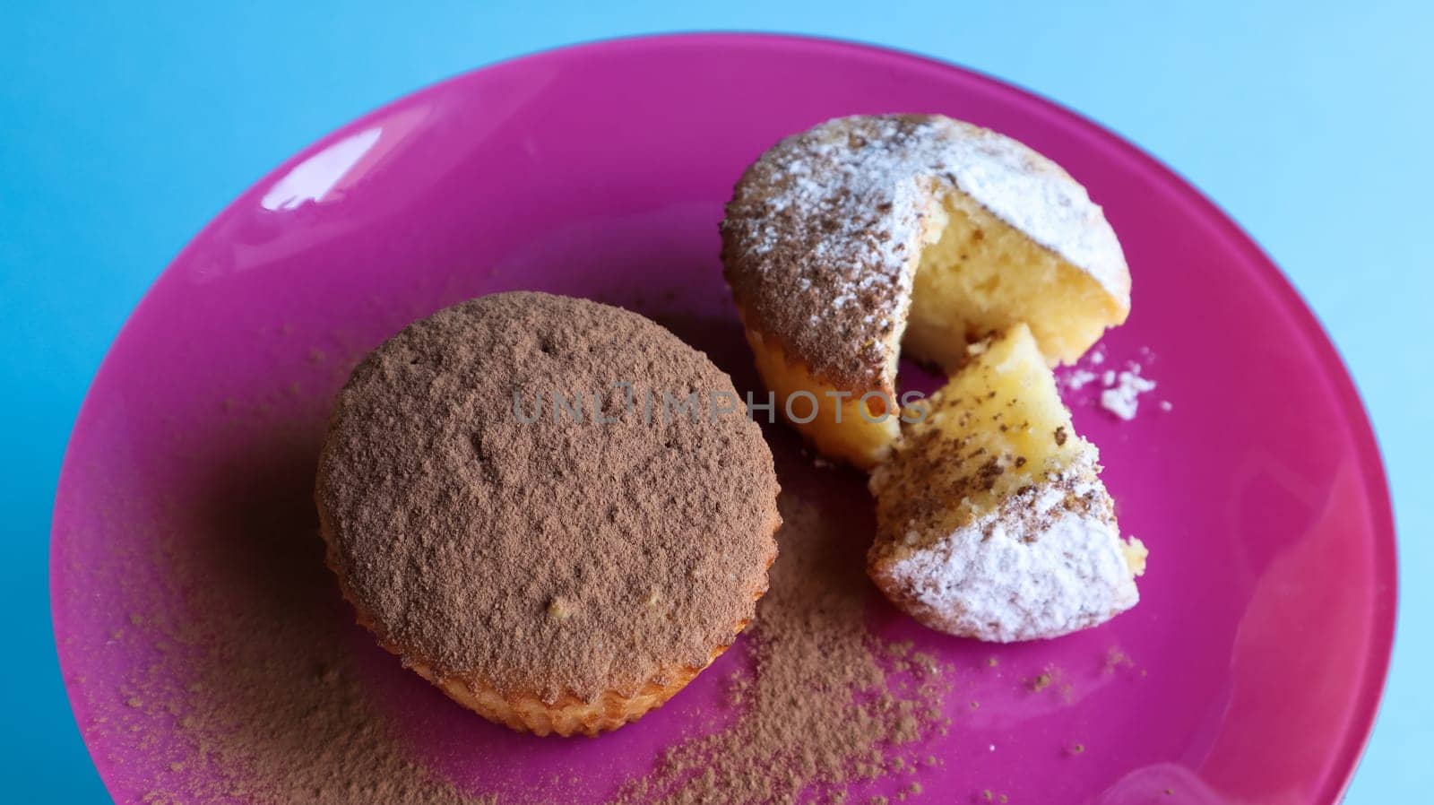 Two curd cakes sprinkled with chocolate and icing sugar on a pink plate, on a blue background. Dessert, a small cupcake. white baked cookies with an airy texture. Food concept.
