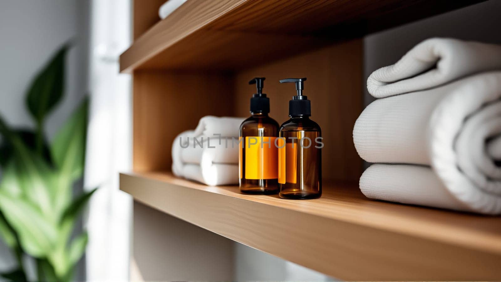 Spa treatment set, wooden shelf with neatly folded towels and dispensers for soap, cream, massage oil. High quality photo