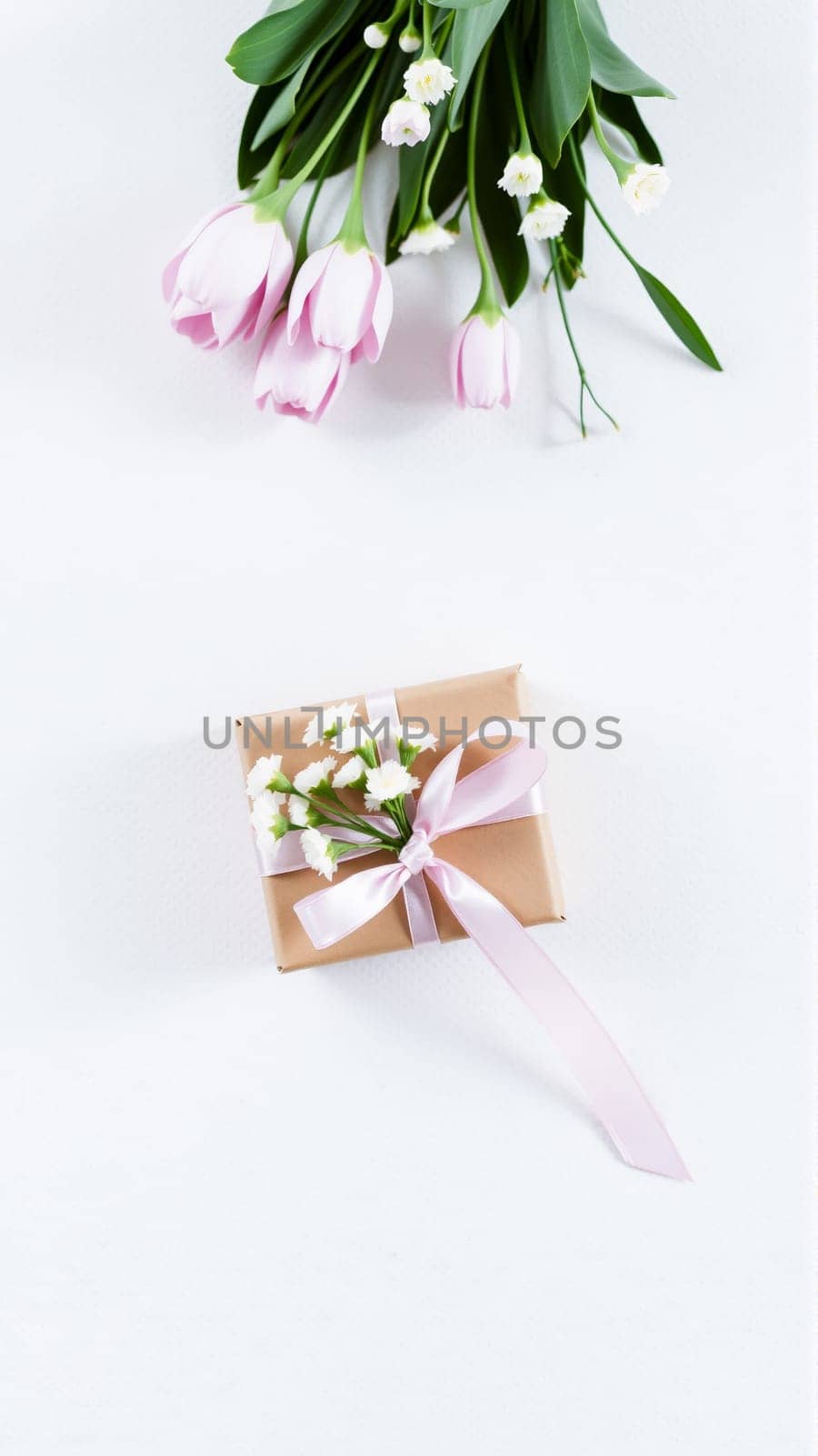 The gift comes in minimalist packaging, decorated with a neutral pink ribbon and flowers symbolizing the arrival of spring. High quality photo