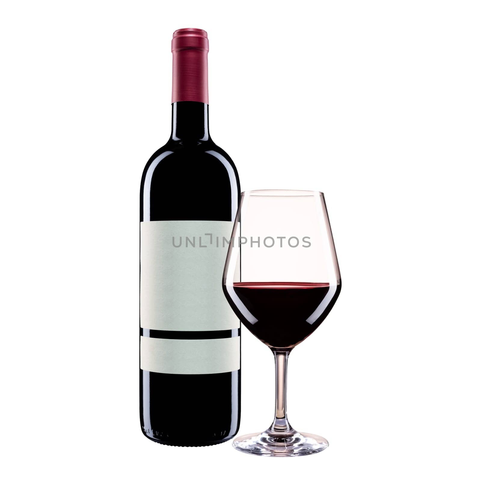 Close up of bottle and goblet of red wine isolated on white background. Food drinks.