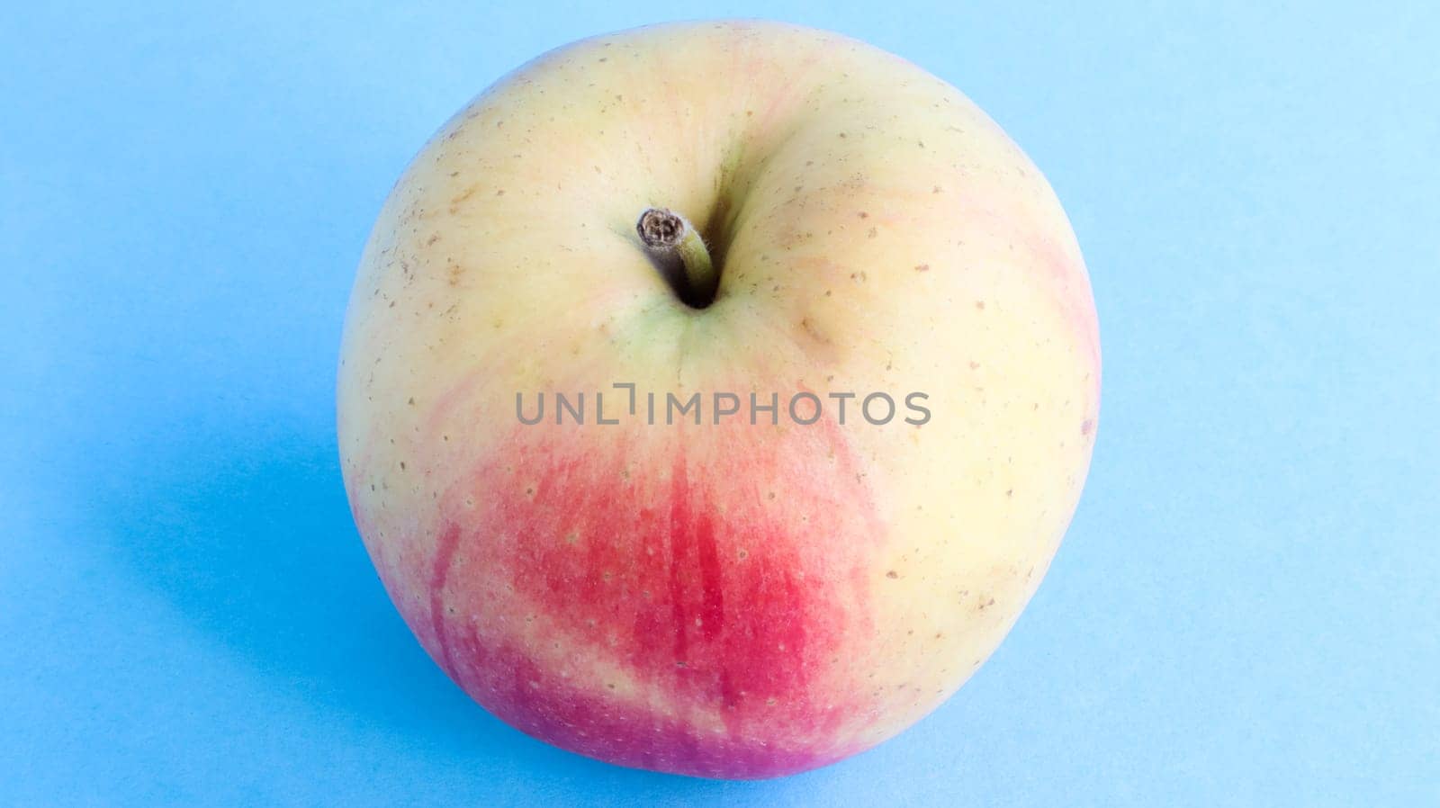 One beautiful, appetizing and fresh apple on a blue background. Healthy sweet food concept