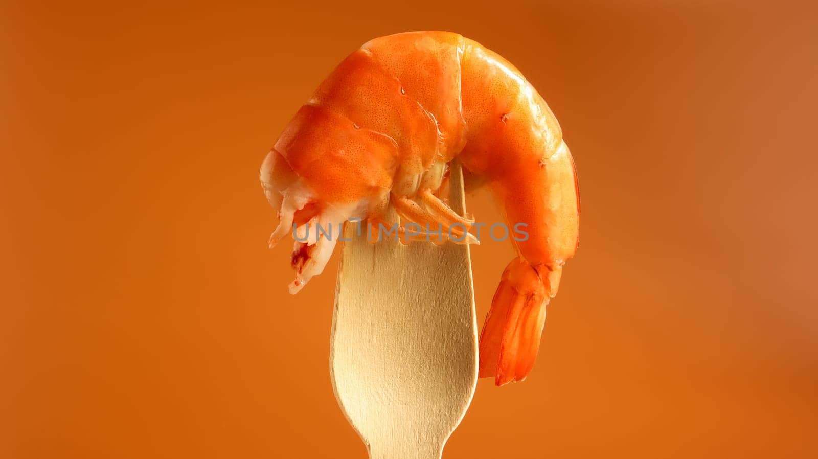 One large king cooked shrimp in the sink on a wooden fork on a brown background. Infrastructure of crustaceans of the decapod, eating carrion. Sea delicacy. Shrimp is used in cooking. Beer snack.
