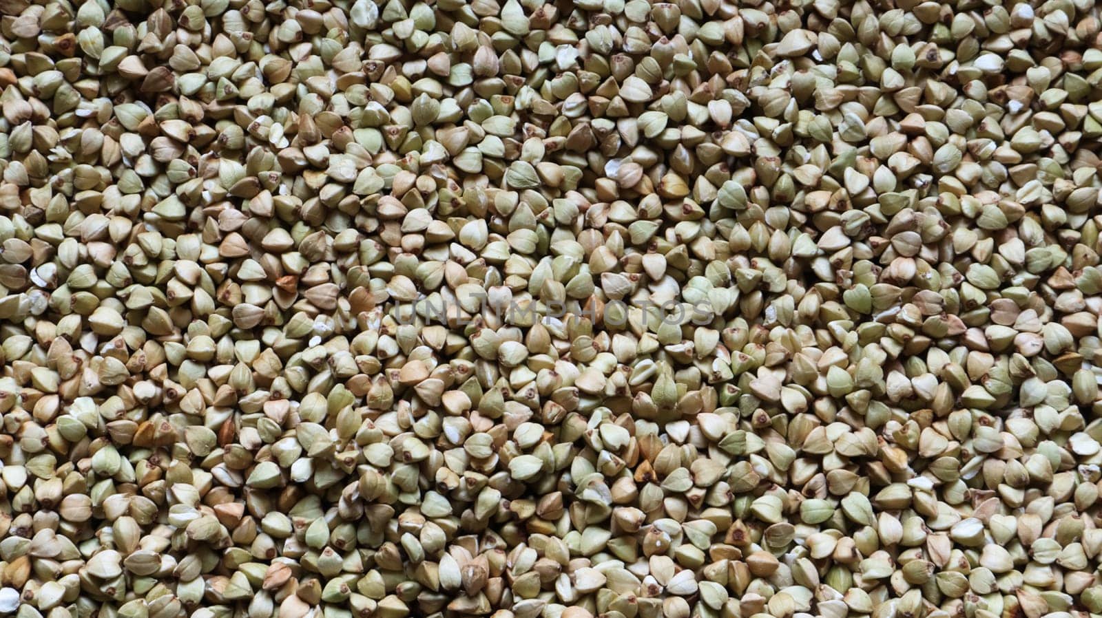 Background from raw organic green buckwheat porridge, vegan food. Texture of scattered buckwheat groats. Seeds are triangular in shape. Organic food. The concept of diet, weight loss, healthy eating