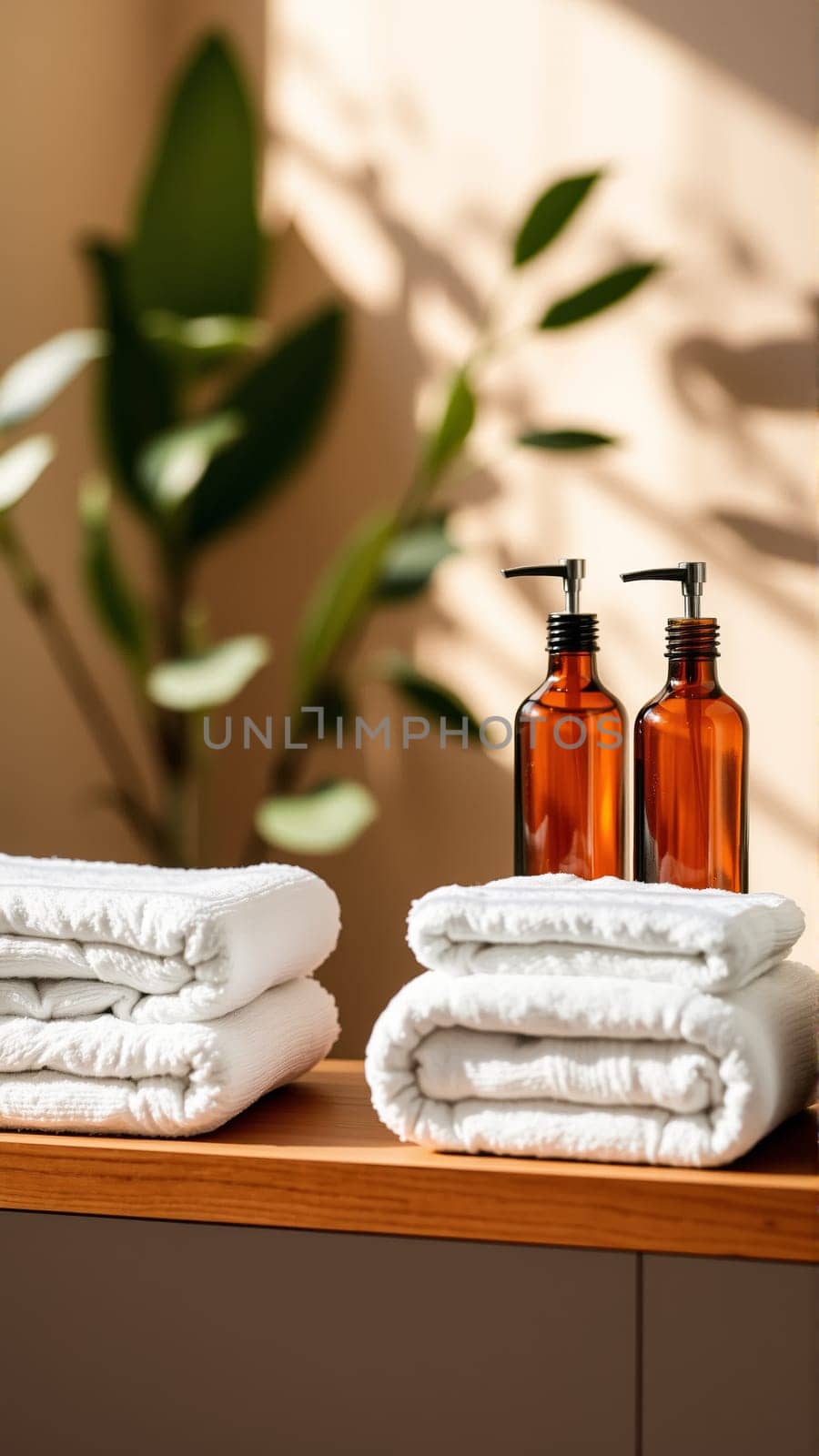 Spa treatment set, wooden shelf with neatly folded towels and dispensers for soap, cream, massage oil. High quality photo
