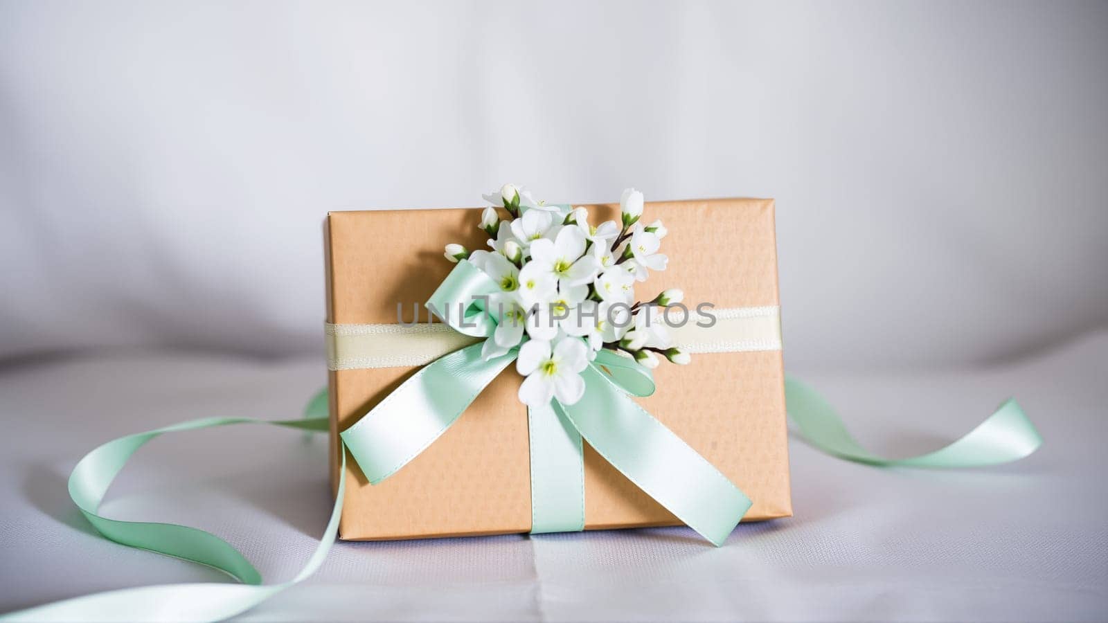 The gift comes in minimalist packaging, decorated with a neutral, calm blue ribbon and flowers symbolizing the arrival of spring. High quality photo