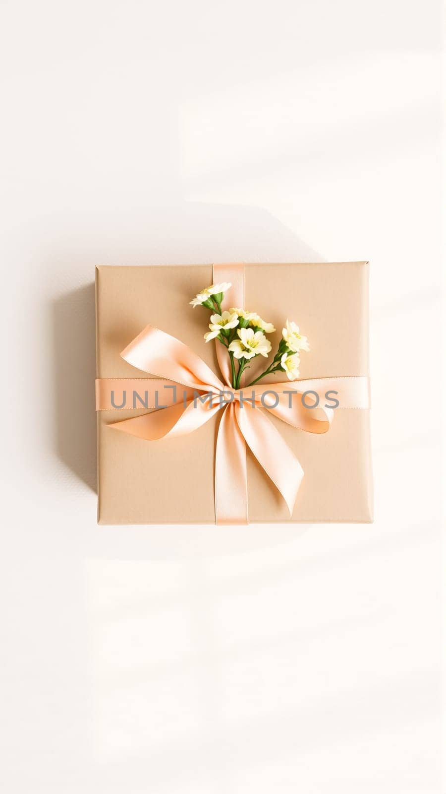 The gift is packaged in minimalist packaging, decorated with a neutral, calm ribbon in nude tones and flowers symbolizing the arrival of spring. High quality photo