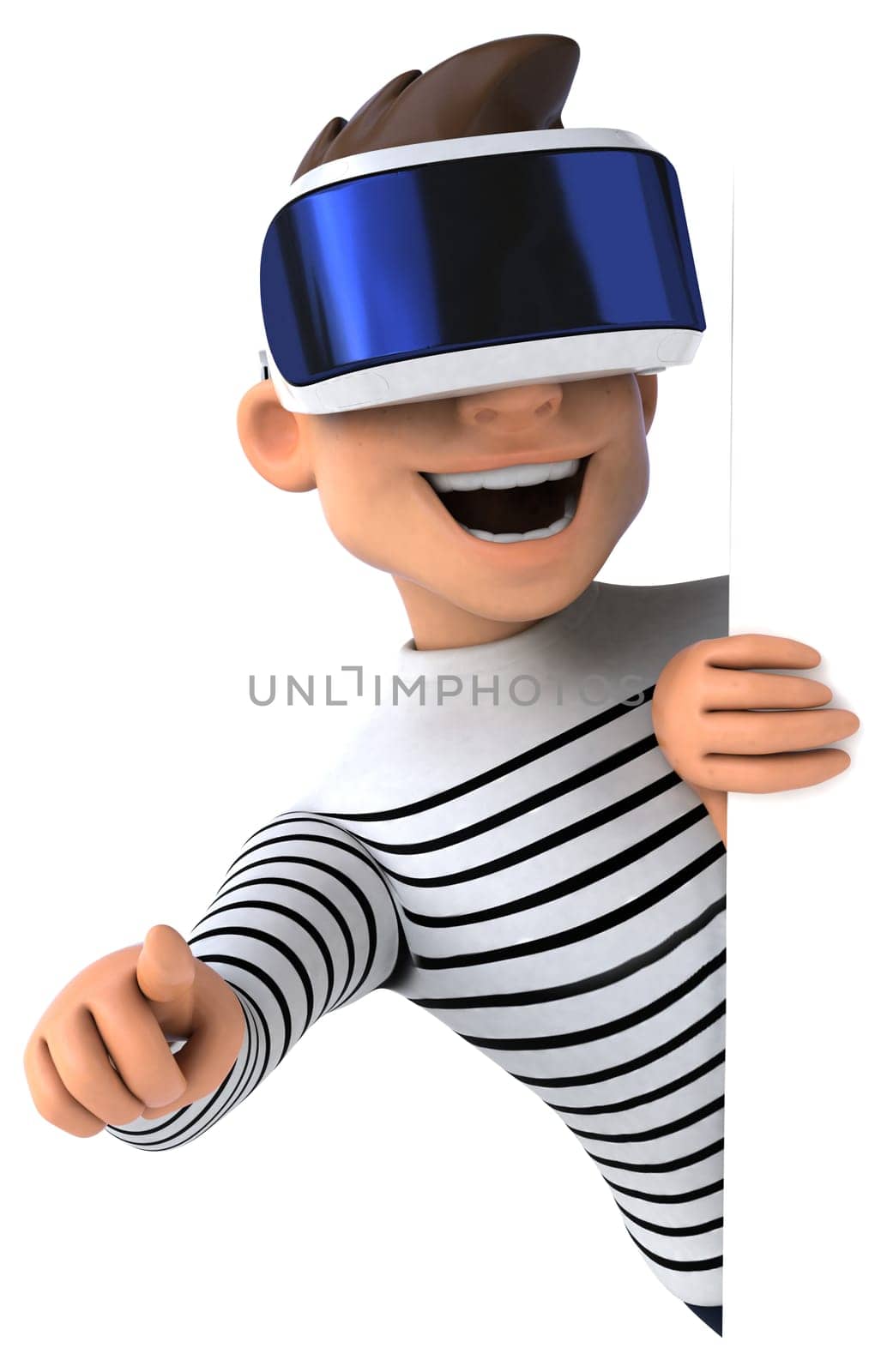 Fun 3D illustration of a cartoon man with a VR helmet