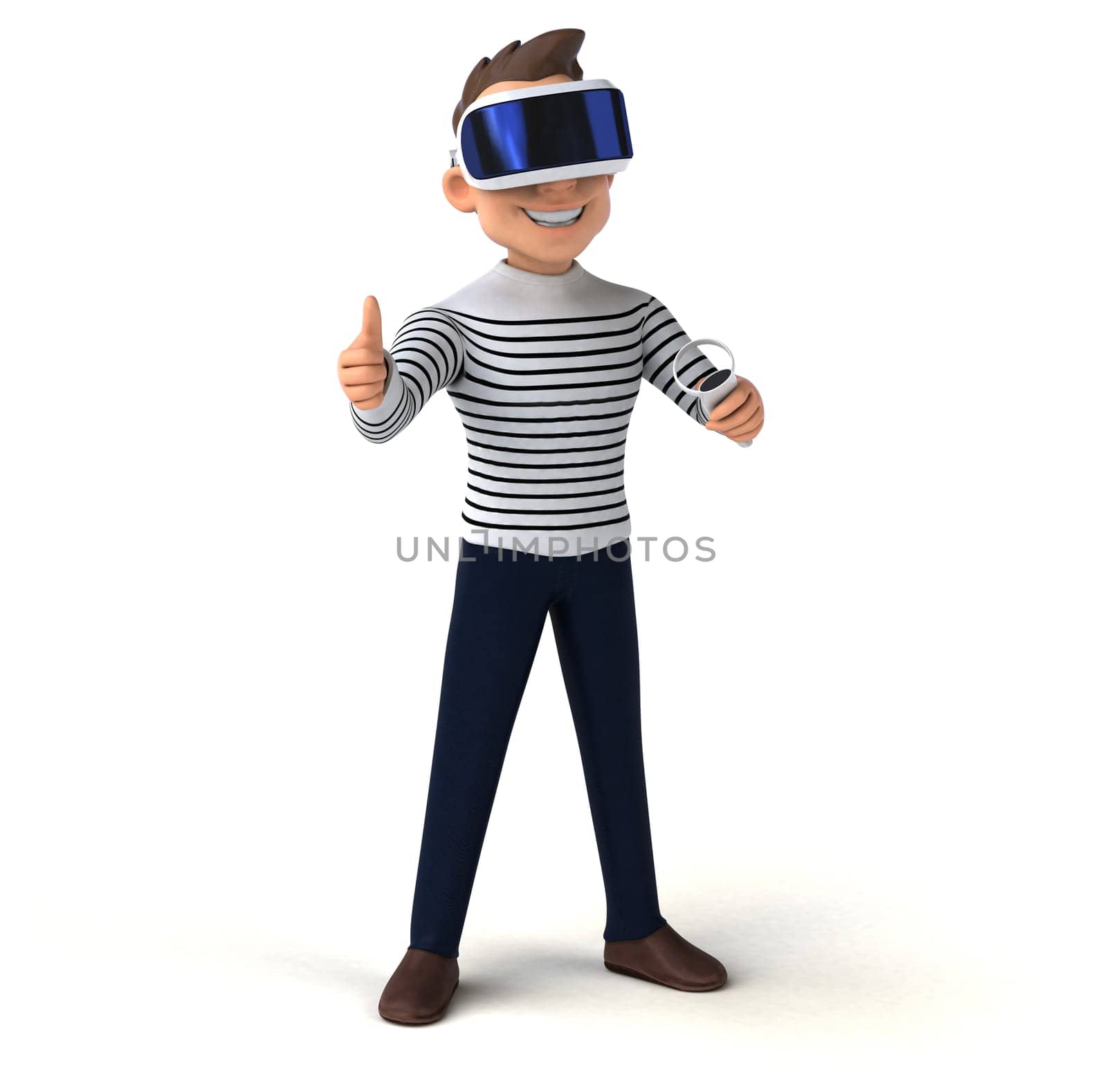 Fun 3D illustration of a cartoon man with a VR helmet