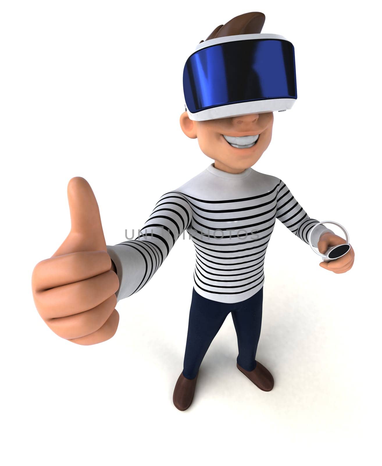 Fun 3D illustration of a cartoon man with a VR helmet
